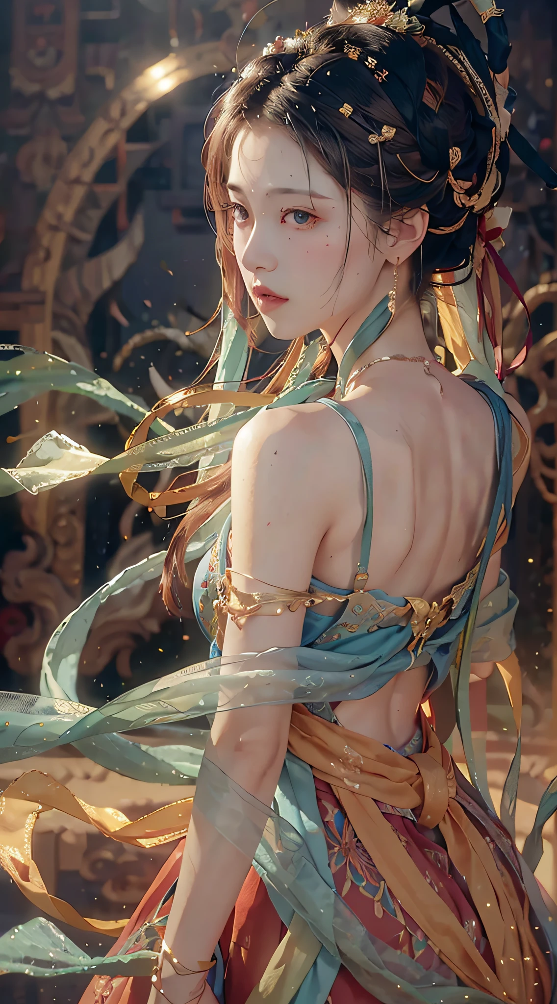 (RAW Photo, Best Quality), (Realistic, Photo Realistic: 1.3), Best Quality, Highly Detailed, Masterpiece, Ultra Detail, Illustration, 1 Girl, (turn_one's_back), Dynamic Angle, World Masterpiece Theater, messy_long_hair, Best Quality, Extremely Detailed CG Unified 8k Wallpaper, Ink, Amazing, Cinematic Lighting, lens_flare,dunhuang_style