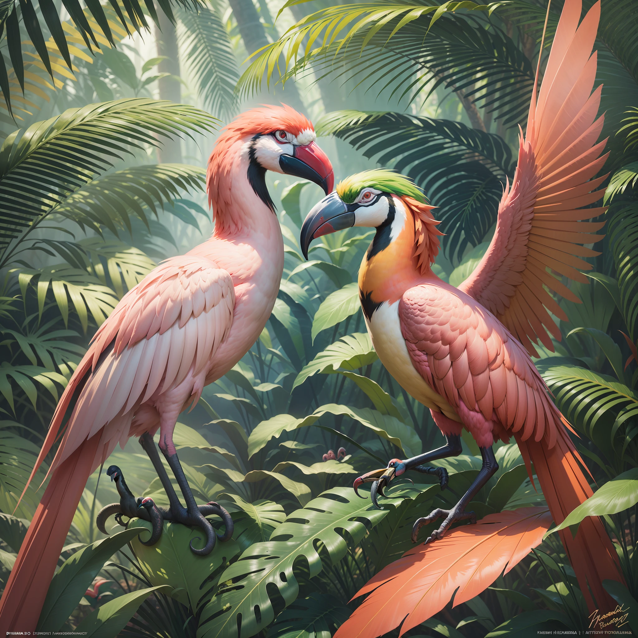 Create a perfect photograph of a jungle with many colorful birds, flamingos, toucans, macaws, tropical forest, rich in detail, 3D rendering, best quality, National Geographic, award-winning photography, cinematic, cinema light, cinema quality, masterpiece, super detailed, hyper realism, by hildebrandt, stylize