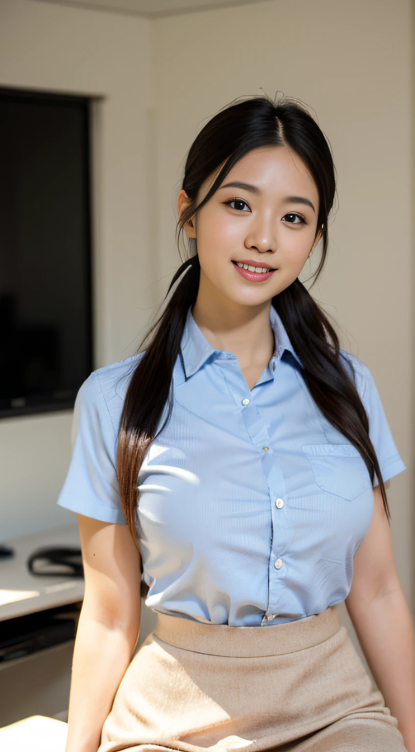 A 30 year old secretary in a professional A-line skirt, shirt, step skirt, realistic, masterpiece, super high resolution, 16K quality, RAW photo, brunette hair, long hair, high ponytail, smile, slim figure, slender waist, reasonable body proportions, perfect skin, sitting in office drinking coffee, Giant breast, glowing skin, sunny, 35mm lens, sony fx3 image quality