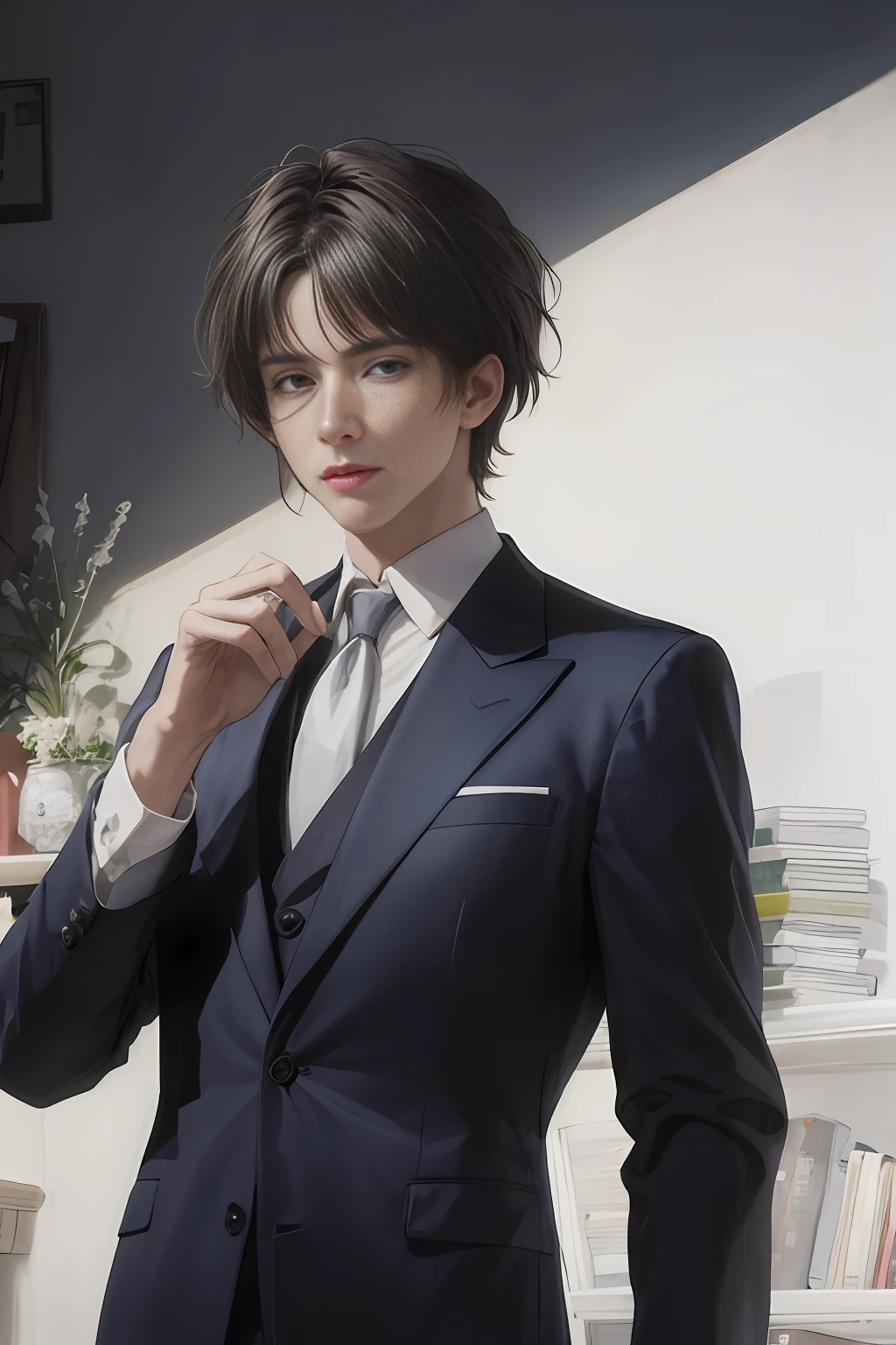 Men, (men in the picture: 1.6), the background is black, the man is wearing a suit, tie, white shirt, (shorter hair: 1.8), (middle-aged man: 1.8), (mature man: 1.6), blue background, there are many books on the bookshelf