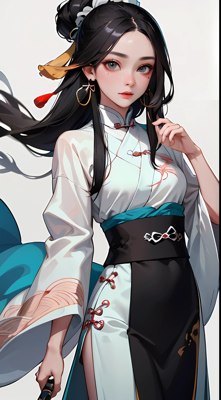 (Masterpiece, Top Quality, Best Quality), ((Wuxia World, Xiuxian, Chinese Wuxia,)), (1 Girl Solo), Close Up, (Gentle Eyes), (Ancient Chinese Clothes, Cyan Robe, Embroidered Collar Uesugi, White Big Sleeve Shirt, Streamers), (Hairpin, Long Black Hair), (Hanfu), Light Pink Lips, (Young), Earrings, White Skin, (Clear Facial Features, Detailed Skin Texture, Beautiful Face, Facial Highlight, Above the Waist), White Background, Standing, Slim Figure, 8K uhd, DSLR, soft light, high quality, high resolution, (very detailed CG unity 8k wallpaper)