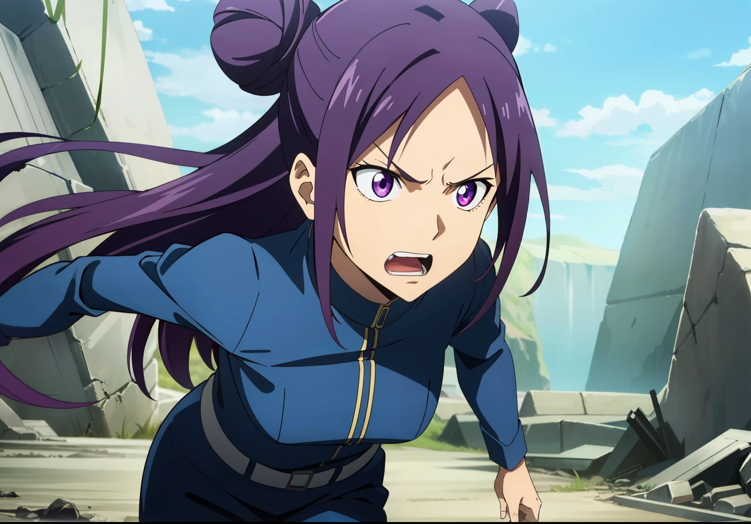 Masterpiece, best quality, very detailed, long purple hair, long hair and two buns but with long hair behind, wears a latex suit, blue school suit, inside a crystal mine, apocalyptic, open mouth talking, serious face, beautiful eyes, pink eyes, movement blurr, anime screencap, anime coloring. dark purple hair, detailed face, solo, running, angry faace