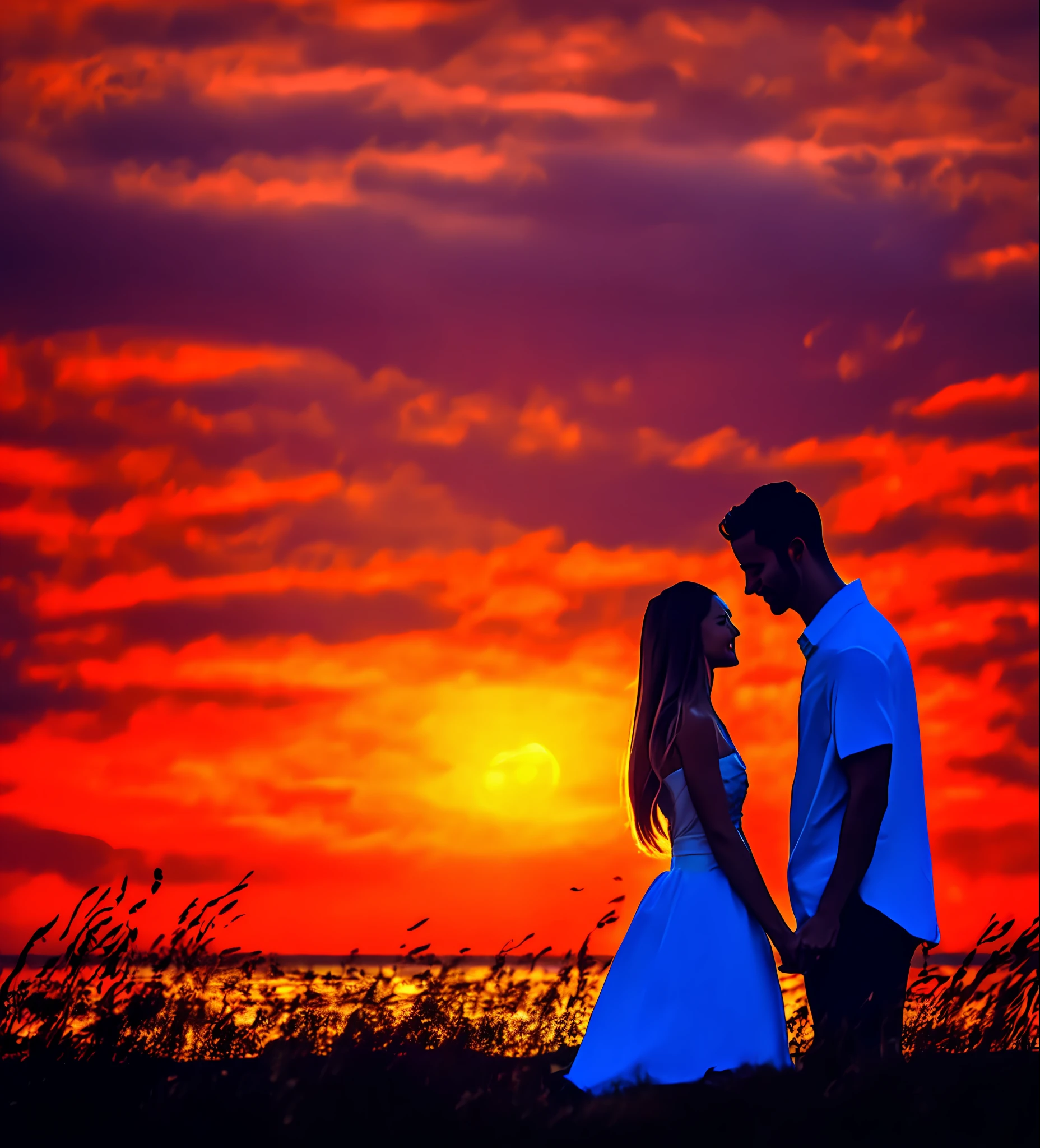 Seaside, sunset, couple, meadow
