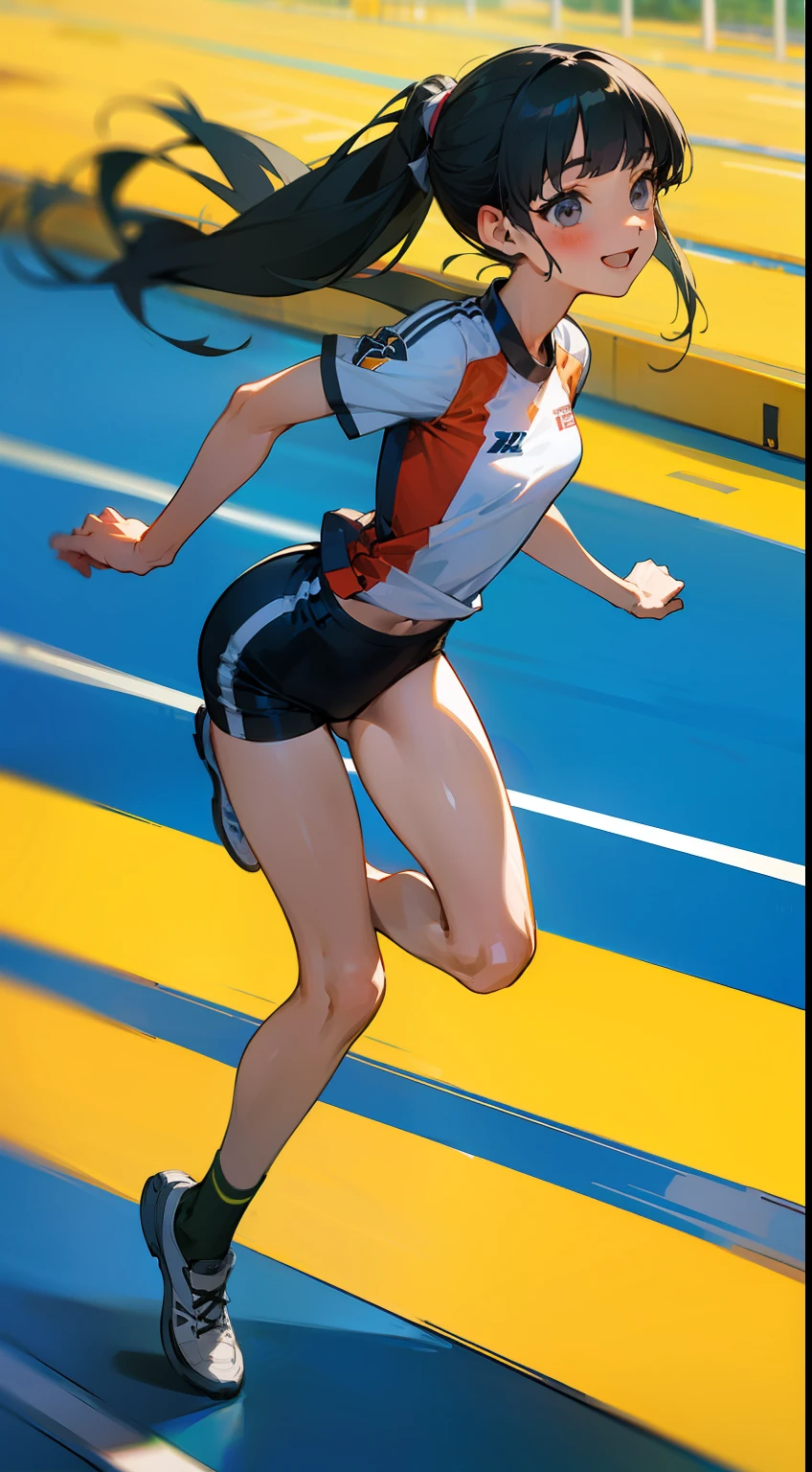 ((masterpiece)), ((best quality)), illustration, 1 girl, hair color, bangs, hairstyle fax, portrait from waist up, ((small breasts)), body details, track and fielder, separate sports clothes, small cloth area, girl, light green long black hair, gray eyes, blunt bangs, athletics stadium, sprinter, slouching posture, sprinting, sports, smile, refreshing smile, Focus on the chest