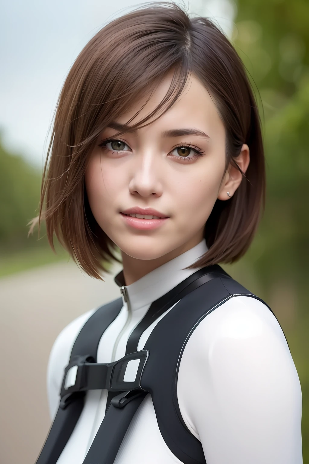 (RAW photo:1.2), (photorealistic:1.4),(masterpiece:1.3),(best quality:1.4),ultra high res,(detailed eyes),(detailed facial features),(detailed clothes features),HDR,8k resolution, solo focus, bangs, skin tight, (shiny skin),(slender girl),dreamlike,
(extreme detailed illustration),check commentary,commentary request,scenery,no text,
VirtualGirl-Rin, small breasts, bob hair, short hair, brown hair, brown eyes,
1girl, upper body,
White diving suit,
happy,smile,