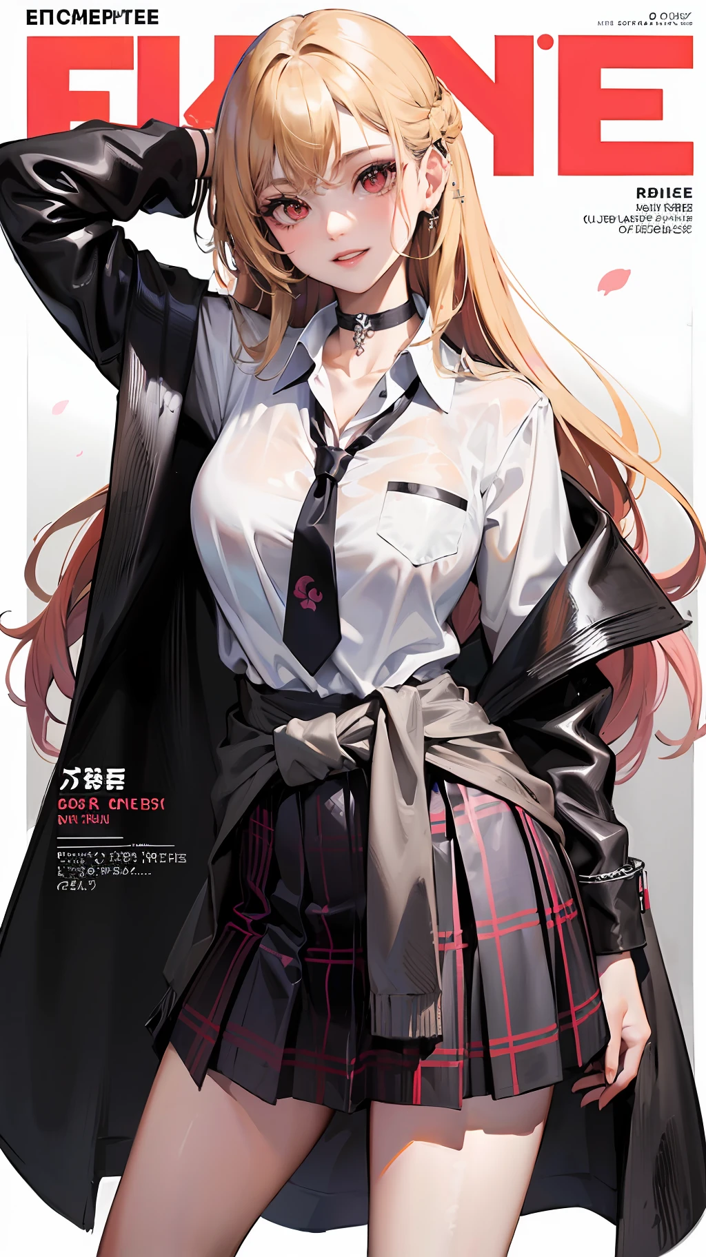 masterpiece, best quality, full body, 1girl, bangs, black choker, black necktie, blonde hair, blue skirt, blush, bracelet, breasts, choker, clothes around waist, collarbone, collared shirt, cowboy shot, dress shirt, ear piercing, eyebrows visible through hair, gradient hair, grin, gyaru, jewelry, kogal, long hair, looking at viewer, loose necktie, necktie, piercing, plaid, plaid skirt, pleated skirt, red eyes, ring, school uniform, shirt, skirt, smile, solo, white shirt, street, sky, cherry blossoms, petals,illustration, (magazine:1.3), (cover-style:1.3), fashionable, woman, vibrant, outfit, posing, front, colorful, dynamic, background, elements, confident, expression, holding, statement, accessory, majestic, coiled, around, touch, scene, text, cover, bold, attention-grabbing, title, stylish, font, catchy, headline, larger, striking, modern, trendy, focus, fashion, --auto