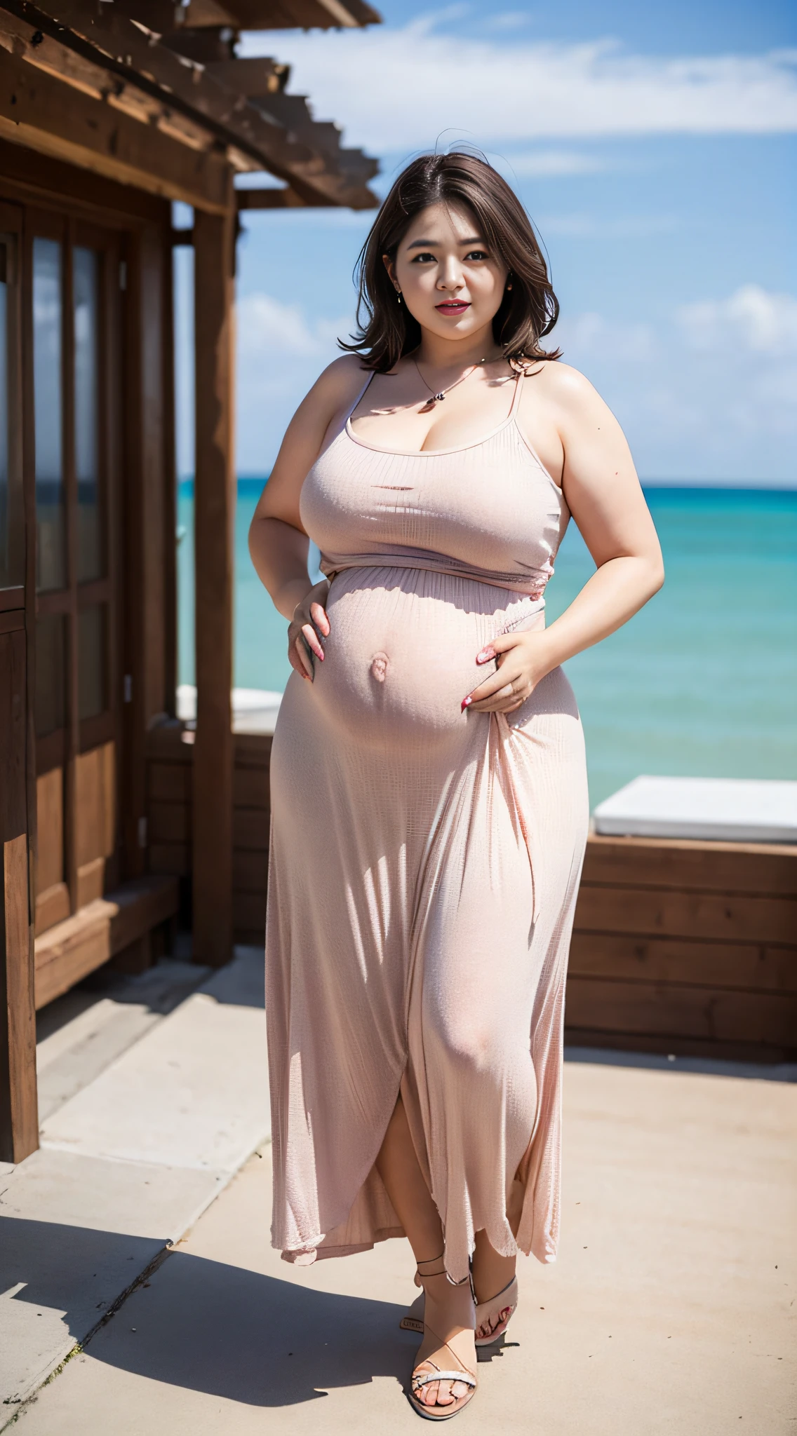 1 woman, 35 years old, middle-aged, fat face: 1.3, whole body, fat on the belly: 1.3, big belly: 1.3, obesity: 1.3, middle-aged women: 1.3, slightly chubby face: 1.3, beautiful woman, fat on the belly: 1.3, (wears dark brown hair), does not expose: 1.3, very fat: 1.3, fat, loose dress: 1.3, loose clothes, super detailed face, detailed eyes, double eyelids, blurred background, fat face, beach,full body,