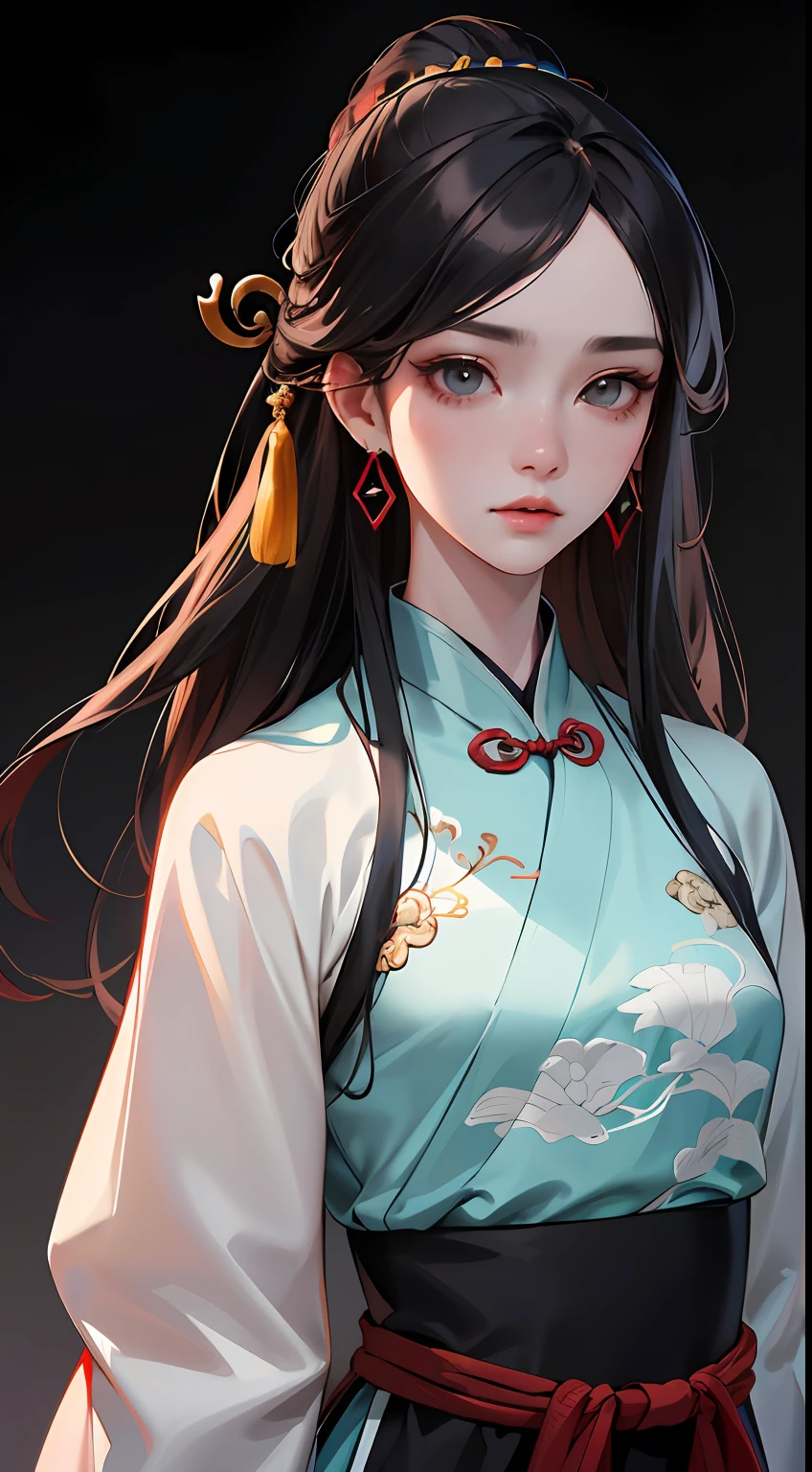 (Masterpiece, Top Quality, Best Quality), ((Wuxia World, Xiuxian, Chinese Wuxia,)), (1 Girl Solo), (Gentle Eyes), (Hanfu, Tulle Streamer), (Hairpin, Long Black Hair), (Hanfu), Light Pink Lips, (Young), Earrings, White Skin, (Clear Facial Features, Detailed Skin Texture, Beautiful Face, Facial Highlight, Waist Up), White Background, Standing, Slim Figure, 8k UHD, DSLR, Soft Light, High Quality, High Resolution, (Very Detailed CG Unity 8K wallpaper)