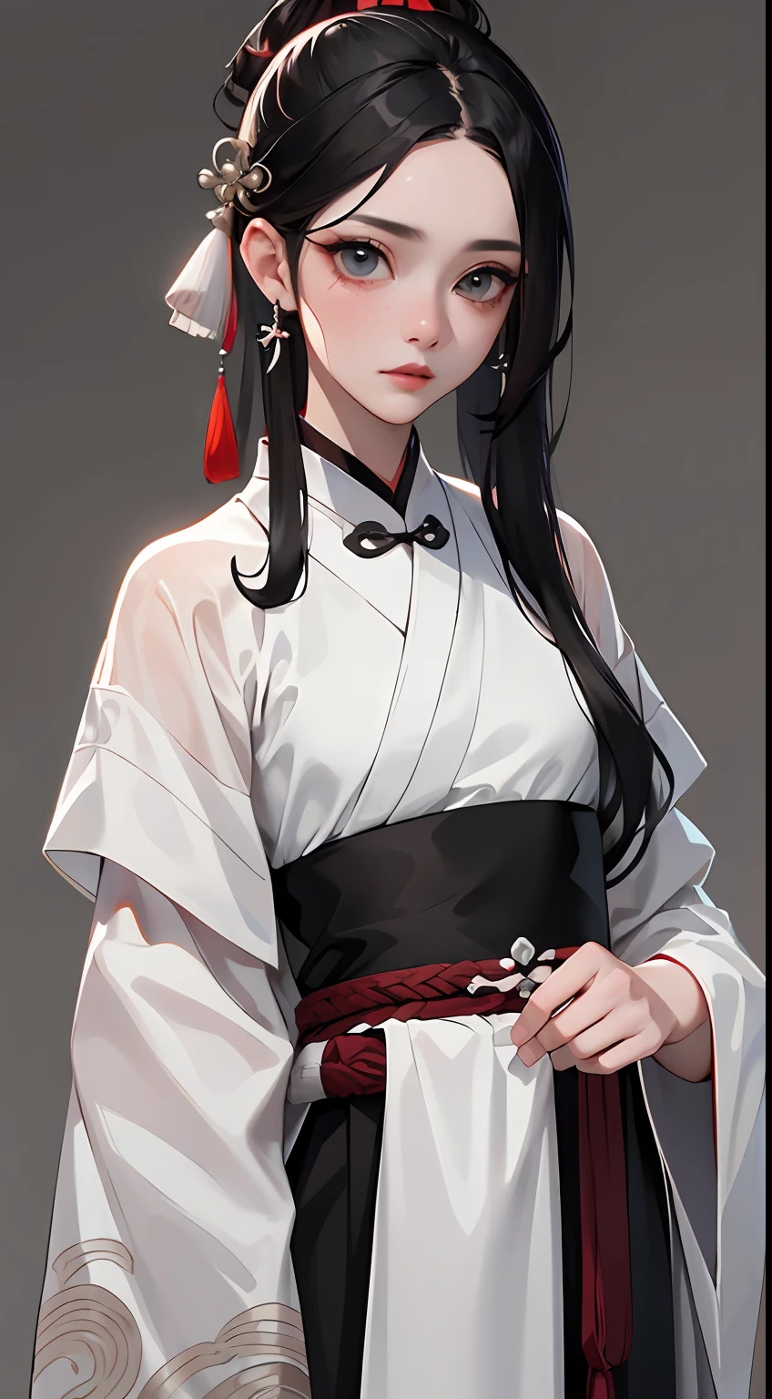 (Masterpiece, Top Quality, Best Quality), ((Wuxia World, Xiuxian, Chinese Wuxia,)), (1 Girl Solo), (Gentle Eyes), (Hanfu, Tulle Streamer), (Hairpin, Long Black Hair), (Hanfu), Light Pink Lips, (Young), Earrings, White Skin, (Clear Facial Features, Detailed Skin Texture, Beautiful Face, Facial Highlight, Waist Up), White Background, Standing, Slim Figure, 8k UHD, DSLR, Soft Light, High Quality, High Resolution, (Very Detailed CG Unity 8K wallpaper)