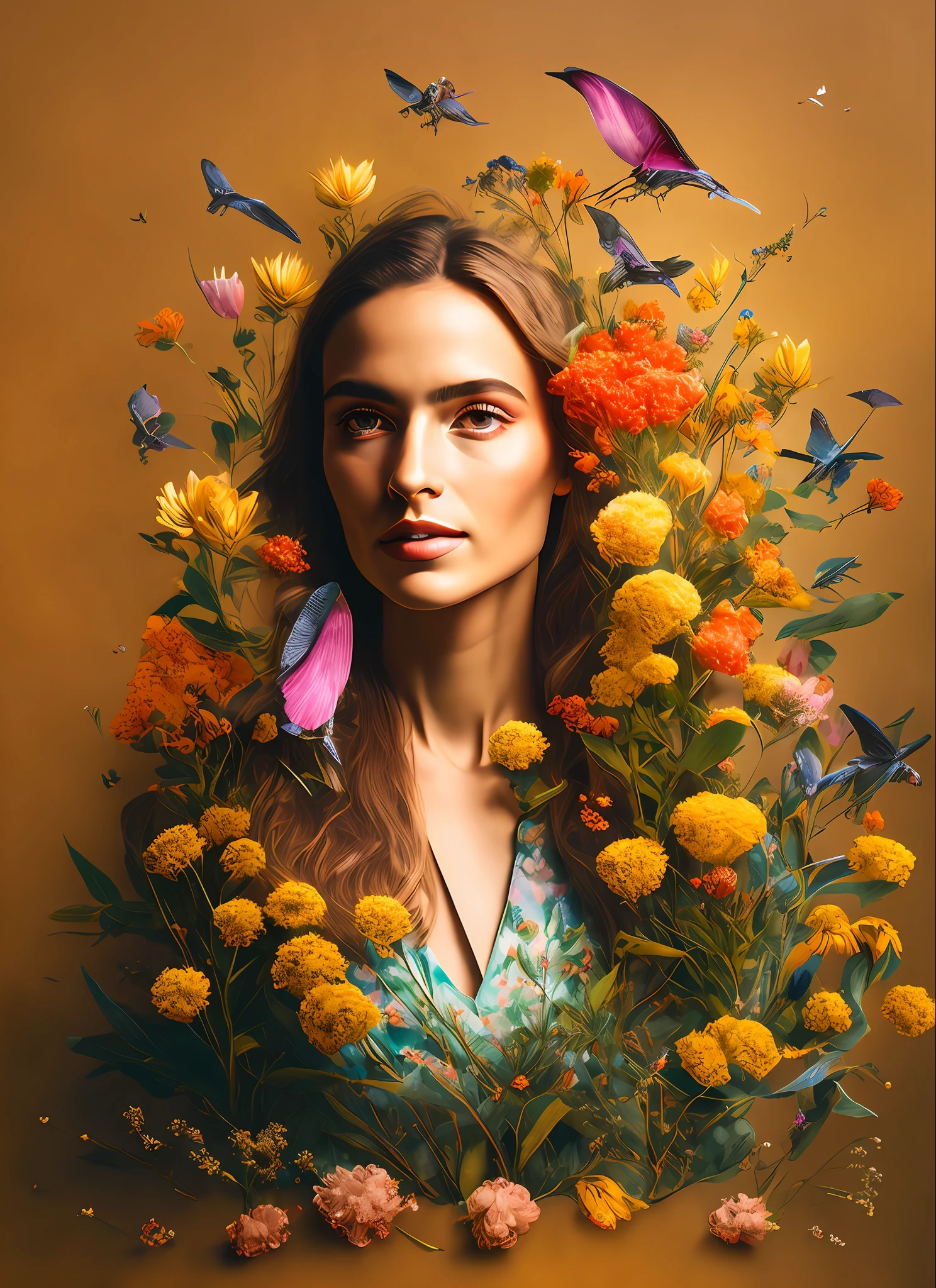 Dot matrix of Perfectly beautiful portrait of a female with flora and fauna, aesthetic background with elegant textile drapery with ornament and a bright juicy vibrant pastel scenery, everything is flying, floating in the air, dynamic composition, photorealistic wide view, rich textures rendered to degradatio, Master pencils and watercolor on paper, Golden ratio, Elite, Luxury concept art, Extremely neat, general and intricate, color gradation with few color shifts, Dynamic composition, ultra resolution, cinematic, extreme wide shot, hyperrealism, digital art, maya rendering, world made of light, soft lighting, extreme details, award winning photo, Shot Canon DSLR, f/2.8 Long Exposure, 25mm