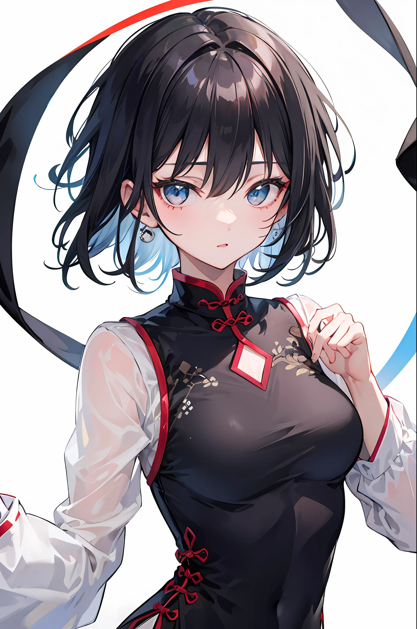 Girl with short black hair, wearing a cheongsam with an all-white background and a bust head