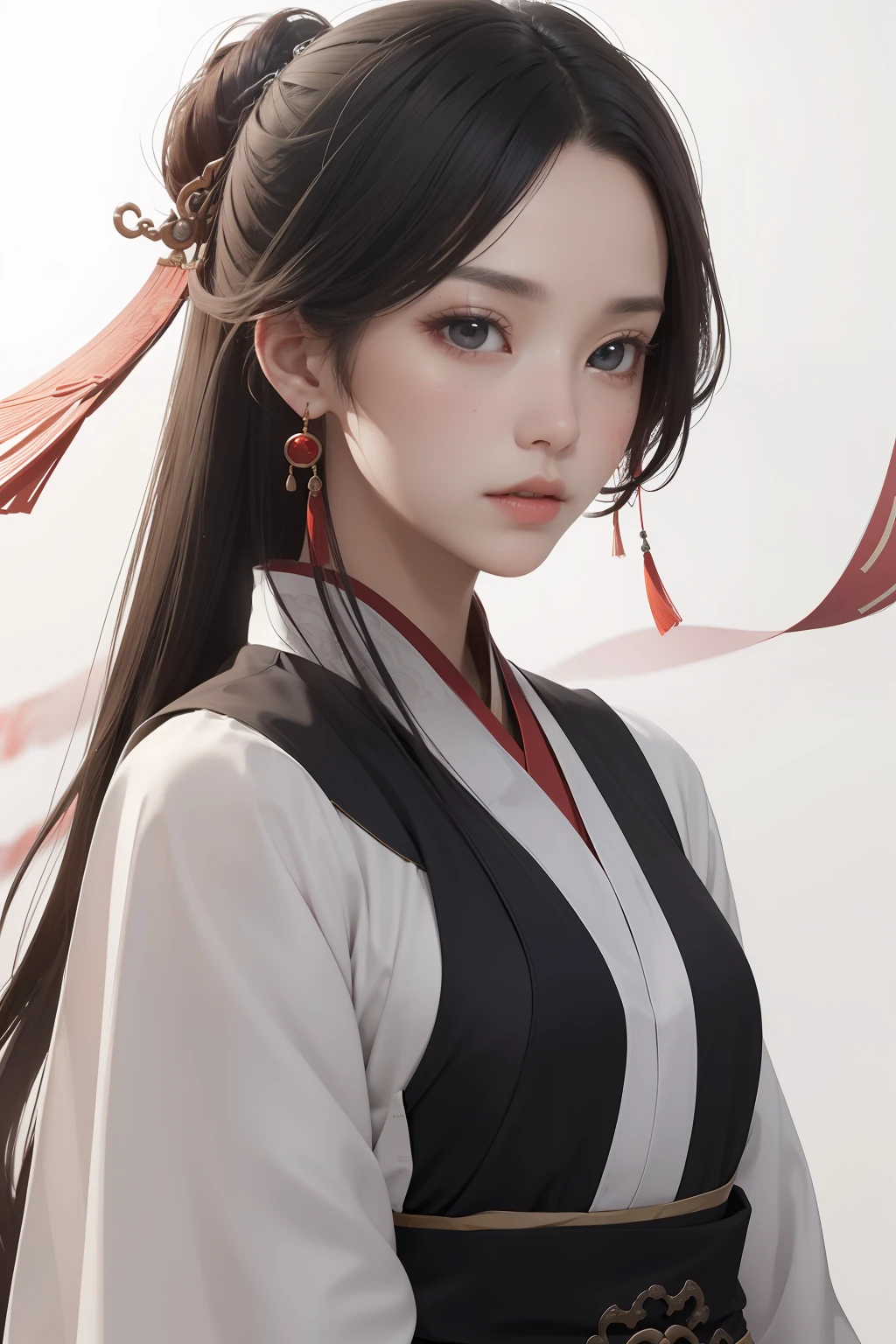 Realism, (Masterpiece, Top Quality, Best Quality), ((Wuxia World, Xiuxian, Chinese Wuxia,)), (1 Girl Solo), (Gentle Eyes), (Hanfu, Tulle Streamer), (Hairpin, Long Black Hair), (Hanfu), Light Pink Lips, (Young), Earrings, White Skin, (Clear Facial Features, Detailed Skin Texture, Beautiful Face, Facial Highlight, Waist Up), White Background, Standing, Slim Figure, 8K UHD, DSLR, Soft Light, High Quality, High Resolution, (Very detailed CG unity 8k wallpaper)