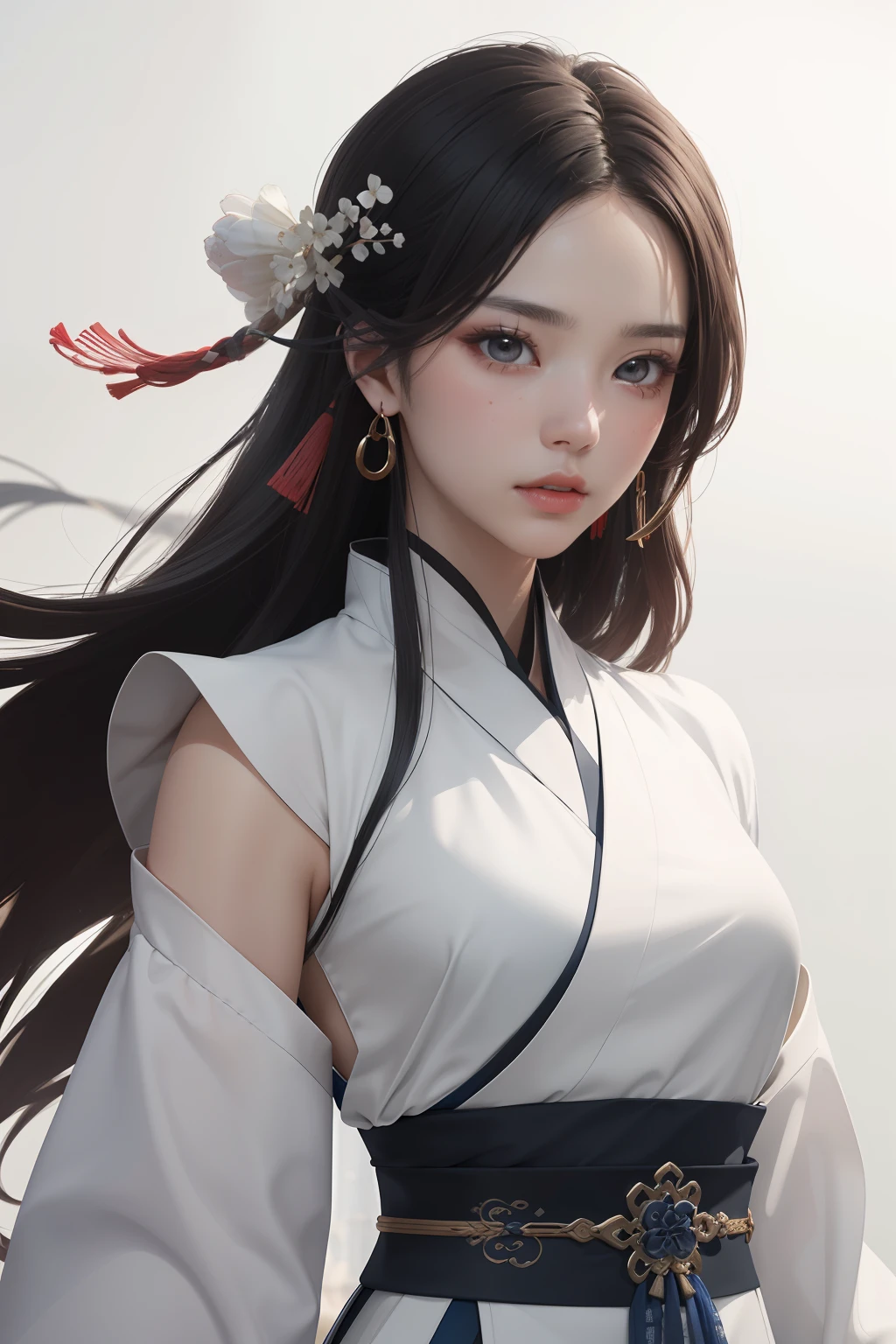 Realism, (Masterpiece, Top Quality, Best Quality), ((Wuxia World, Xiuxian, Chinese Wuxia,)), (1 Girl Solo), (Gentle Eyes), (Hanfu, Tulle Streamer), (Hairpin, Long Black Hair), (Hanfu), Light Pink Lips, (Young), Earrings, White Skin, (Clear Facial Features, Detailed Skin Texture, Beautiful Face, Facial Highlight, Waist Up), White Background, Standing, Slim Figure, 8K UHD, DSLR, Soft Light, High Quality, High Resolution, (Very detailed CG unity 8k wallpaper)