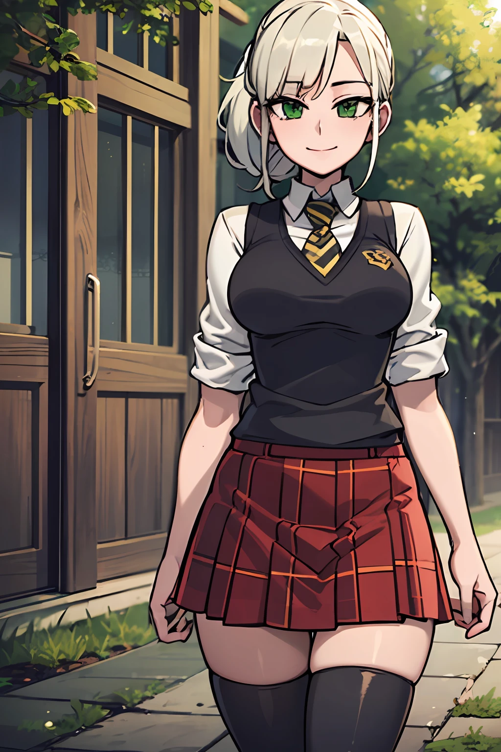 light smile, Schoolgirl attire, white blouse with yellow sweater vest, green striped tie, red plaid skirt and black boots with white buckles, forest green eyes and ashy hair in a twin ponytail