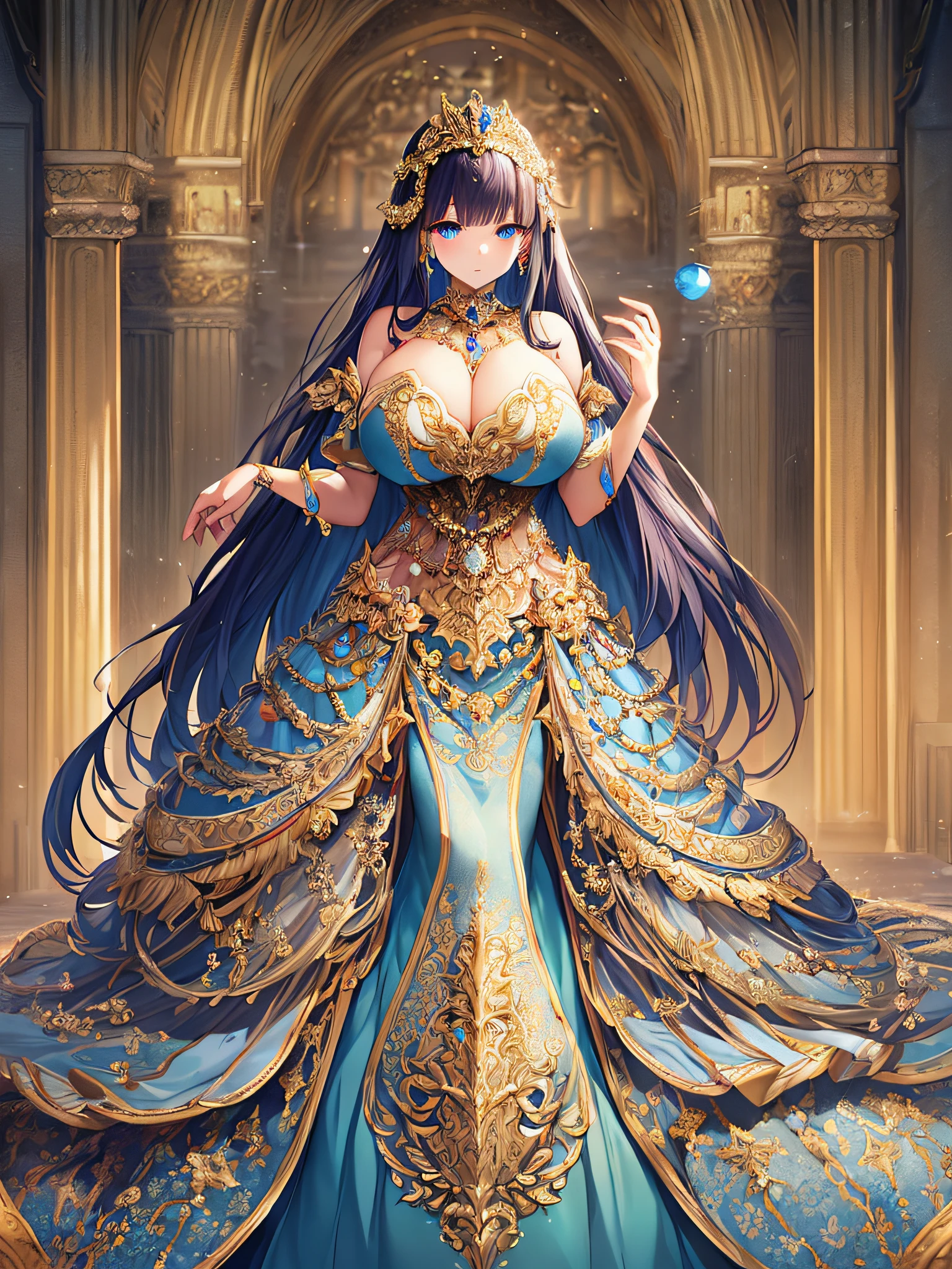 ((anime artstyle)),(Masterpiece),(Best Quality), (Super Detail),Illustration,((Very Delicate and Beautiful)),Focus on character,Dynamic Angle,Looking at viewer,((Solo)),standing,(((full body))),((one noble princess in gorgeous ball gown with voluminous skirt)),detailed face and eyes,jewel-like eyes,((Very Long voluminous Hair)),gorgeous embroidery and lace,See-through,ornate ruffles,Gorgeous jewelry ornaments,luxury hair ornament,luxury tiara with jewels,(gigantic breasts,Long breasts),full body,sacred atmosphere,((gorgeous ball gown with voluminous skirt))