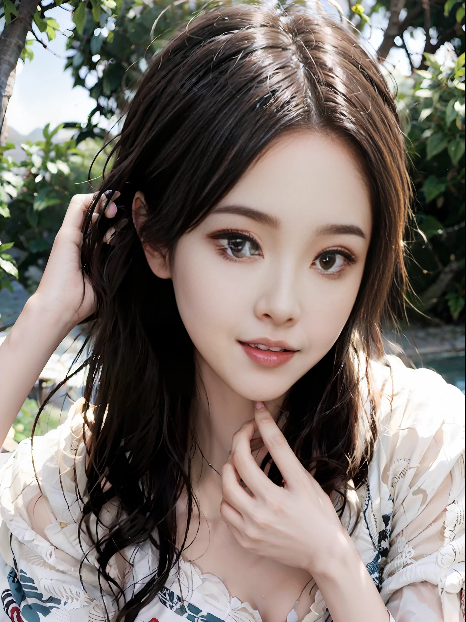 (Original photo: 1.2), (Photo realism: 1.4)) Best quality, beautiful, beautiful, beautiful, beautiful, extremely detailed, unity, 8k beautiful wallpaper, fine details, masterpiece, best quality, official art, very detailed , very ridiculous, high resolution, beautiful, beautiful eye and face detail, movie lighting, 1 girl, perspective view, looking at viewer, full body, full body shot, outdoors, hands behind the back, (Hanfu)