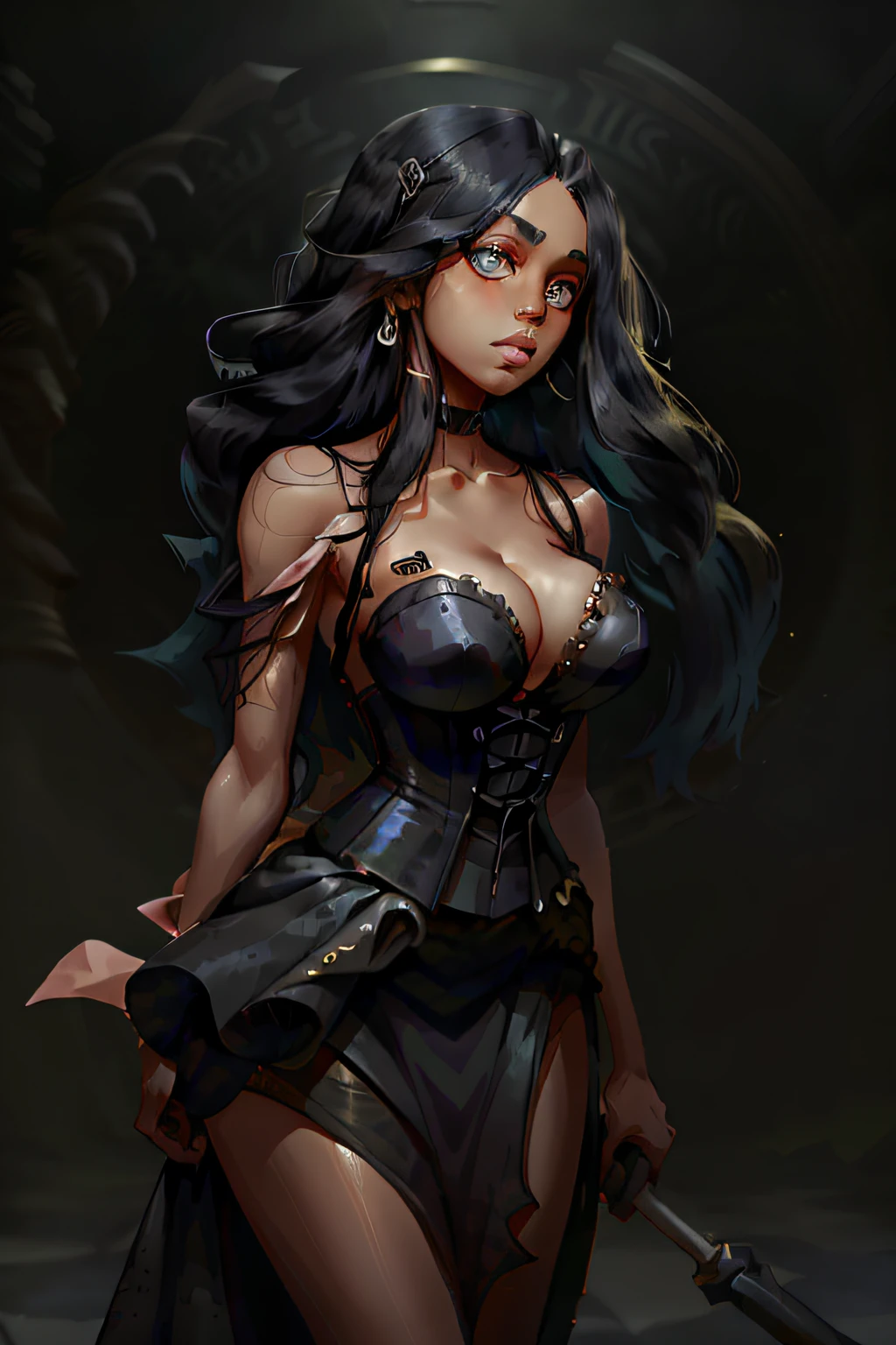 1girl, solo, blush, breasts, long hair, simple background, dress, cleavage, medium breasts, standing, upper body, earrings, parted lips, dark skin, grey background, high heels, dark-skinned female, strapless, side slit, maid dress, wearing a corset, perfect eyes