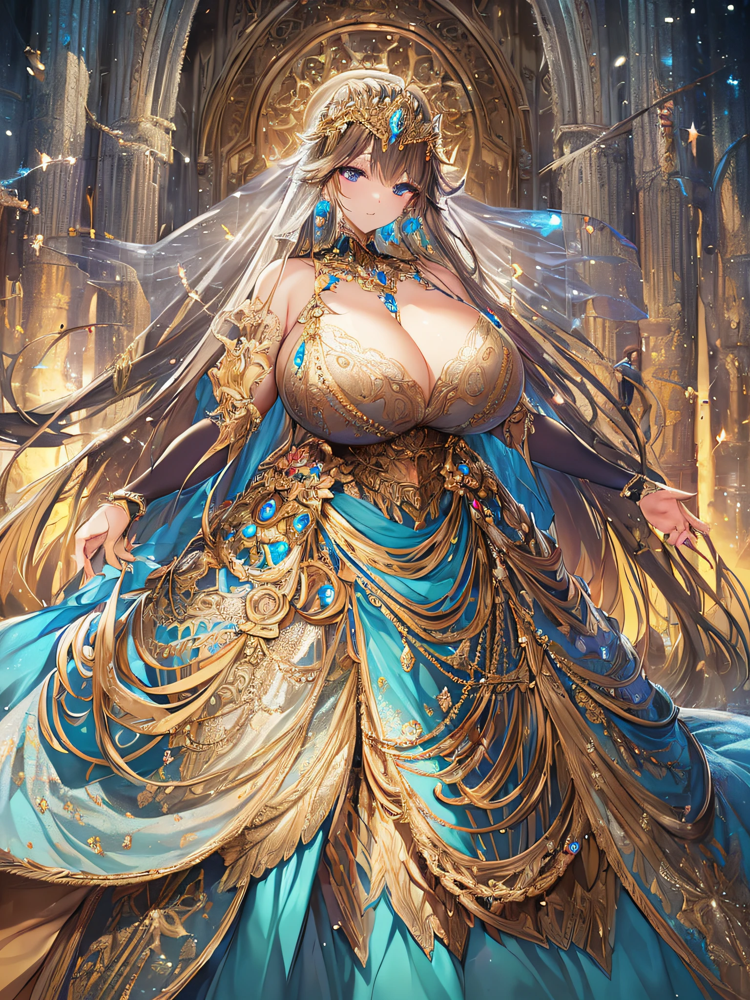 ((anime artstyle)),(Masterpiece),(Best Quality), (Super Detail),Illustration,((Very Delicate and Beautiful)),Focus on character,Dynamic Angle,Looking at viewer,((Solo)),standing,(((full body))),((one noble princess in gorgeous ball gown with voluminous skirt)),detailed face and eyes,jewel-like eyes,((Very Long voluminous Hair)),gorgeous embroidery and lace,See-through,ornate ruffles,Gorgeous jewelry ornaments,luxury hair ornament,luxury tiara with jewels,(gigantic breasts,Long breasts),full body,sacred atmosphere,((gorgeous ball gown with voluminous skirt))
