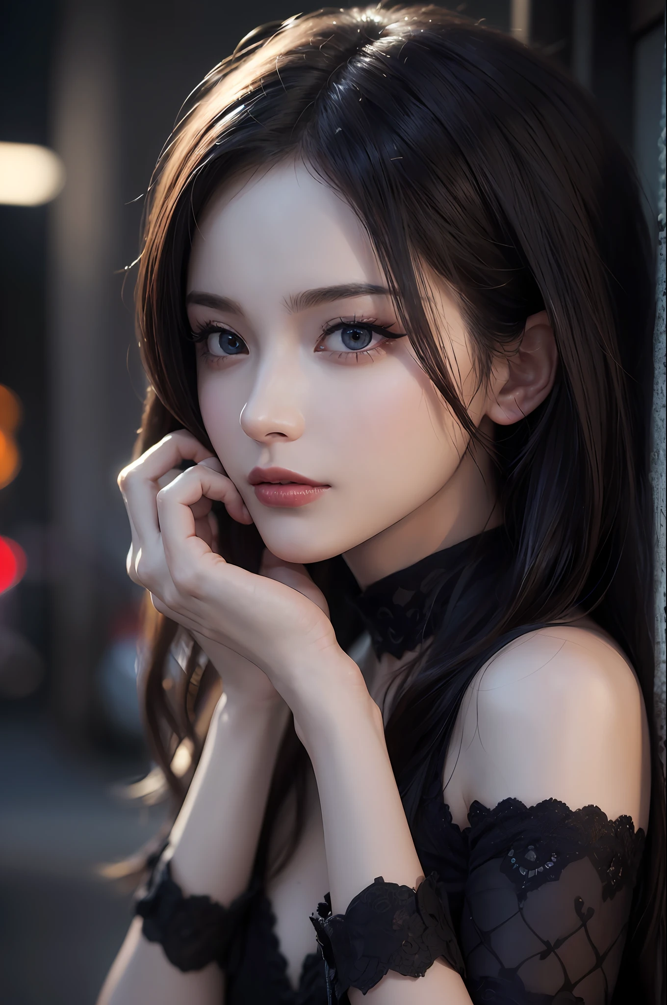 (skindentation:1.5), Realistic, Photorealistic, (masterpiece:1.5), concept art, intricate details, highly detailed, photorealistic, octane render, 8k, unreal engine, dynamic pose, best quality, highres, (realistic face:1.1), (hyperrealistic:1.1), ((full_body)), perfect eyes,(shiny skin:1.2), (((hairstyle))), (((perfect hands))), (extremely detailed background), ((dynamic background)), (light rays), ((detailed eyes, high quality eyes, high quality face)), (((flowing hairstyle))), epic, depth of field, bokeh, 4k, gothic, mountain background, lightning, glowing blue iris, at night,