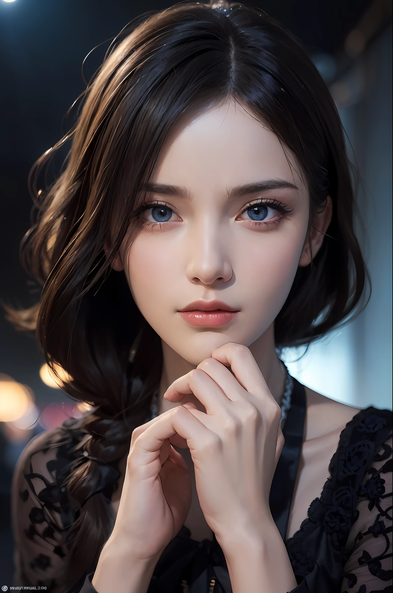 (skindentation:1.5), Realistic, Photorealistic, (masterpiece:1.5), concept art, intricate details, highly detailed, photorealistic, octane render, 8k, unreal engine, dynamic pose, best quality, highres, (realistic face:1.1), (hyperrealistic:1.1), ((full_body)), perfect eyes,(shiny skin:1.2), (((hairstyle))), (((perfect hands))), (extremely detailed background), ((dynamic background)), (light rays), ((detailed eyes, high quality eyes, high quality face)), (((flowing hairstyle))), epic, depth of field, bokeh, 4k, gothic, mountain background, lightning, glowing blue iris, at night,