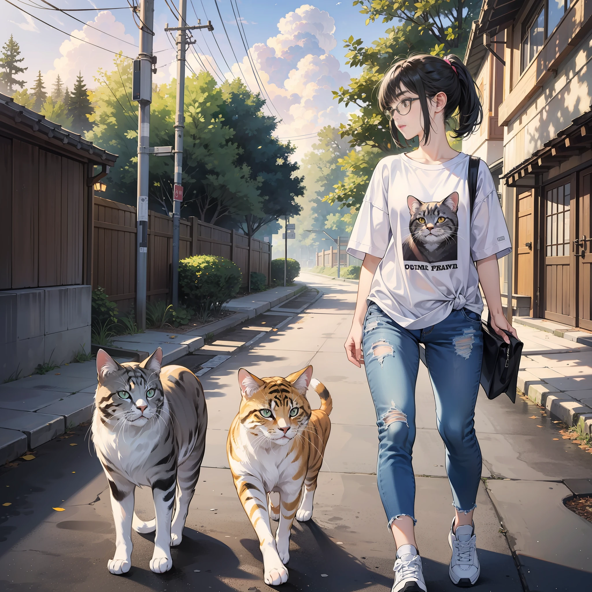 1 girl and 1 cat,{{{Walking with a giant cat}} {{{Giant cat},walking, {{{Short hair}}, clouds, overcast sky, outdoors, travel, sky, dusk, pleasant breeze, hilltop,kagawa, seto inland sea,jeans, chest, solo, bangs, {{{{disheveled hair}}}},{{{thick eyebrows},big nose,look, big t-shirt,grey, {{{{black hair tied back},black-rimmed glasses, Full body, small,{{{Short stature}}}}, Wide shoulders,{{{Big head}}},Sun, ochre sneakers, animal, wet, blue jeans,, one hand back, , dynamic placement, dynamic angle, 8k, {{{Masterpiece}}},