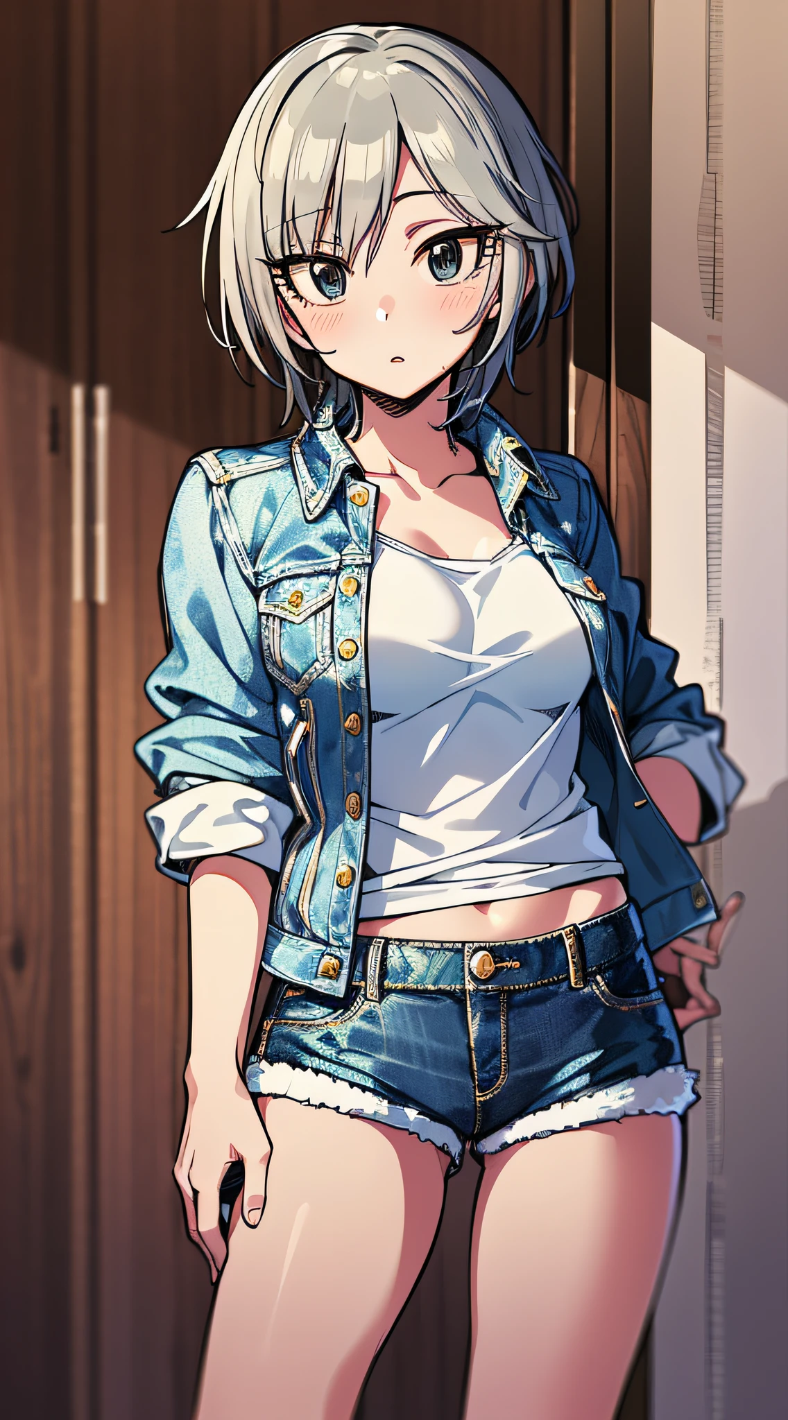 masterpiece, best quality, highres, 1girl, solo, anastasia (idolmaster), idolmaster cinderella girls, blue eyes, shorts, short hair, grey hair, jacket, looking at viewer, shirt, short shorts, cowboy shot, blush, denim jacket,