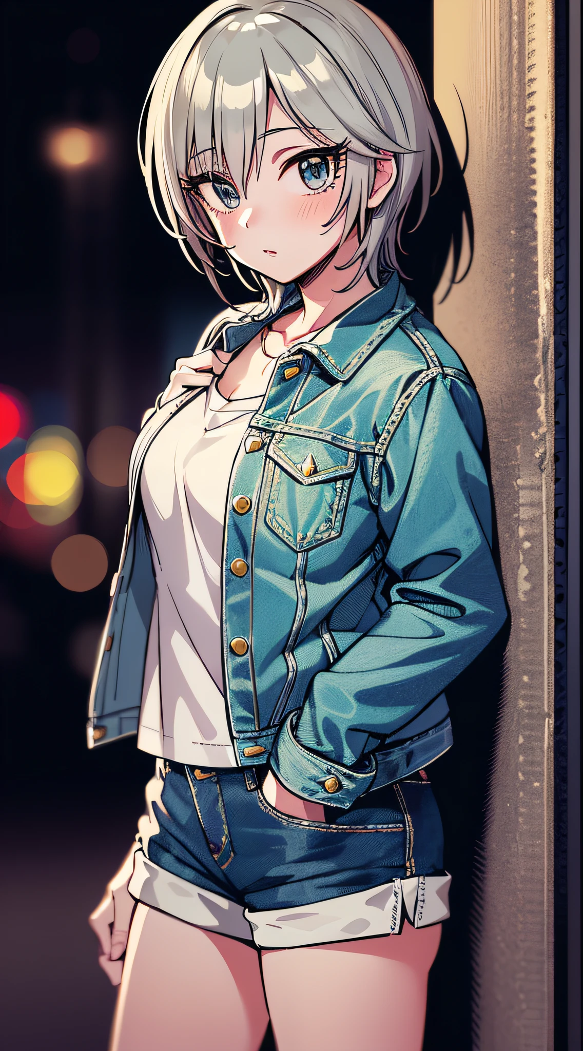 masterpiece, best quality, highres, 1girl, solo, anastasia (idolmaster), idolmaster cinderella girls, blue eyes, shorts, short hair, grey hair, jacket, looking at viewer, shirt, short shorts, cowboy shot, blush, denim jacket,