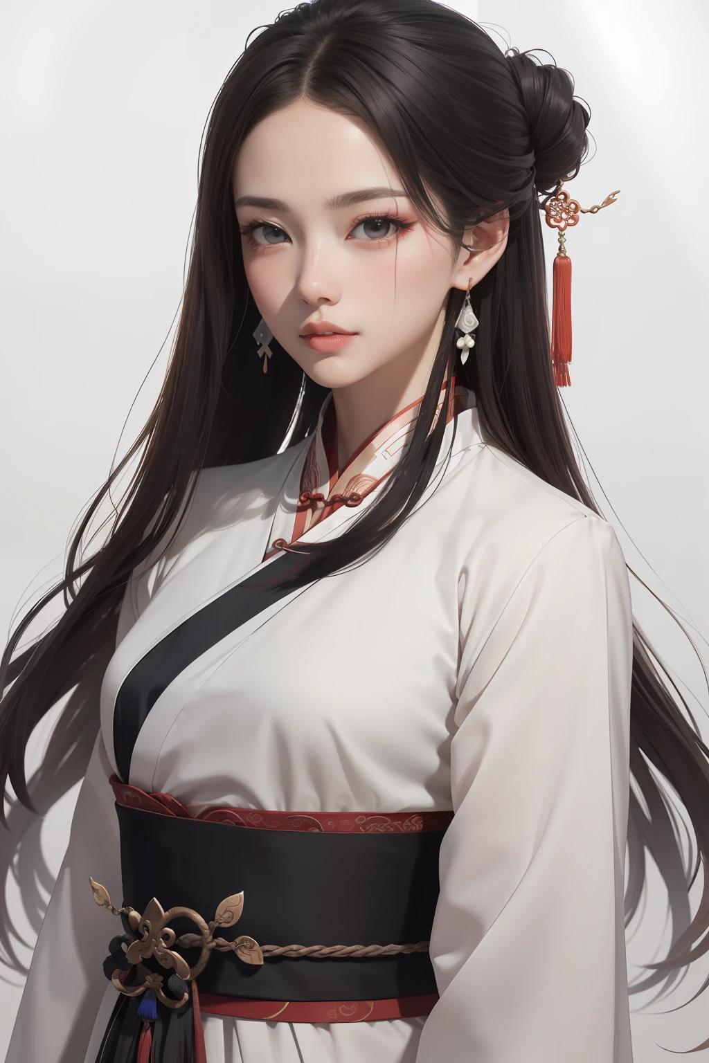 Realism, (Masterpiece, Top Quality, Best Quality), ((Wuxia World, Xiuxian, Chinese Wuxia,)), (1 Girl Solo), (Gentle Eyes), (Hanfu, Tulle Streamer), (Hairpin, Long Black Hair), (Hanfu), Light Pink Lips, (Young), Earrings, White Skin, (Clear Facial Features, Detailed Skin Texture, Beautiful Face, Facial Highlight, Waist Up), White Background, Standing, Slim Figure, 8K UHD, DSLR, Soft Light, High Quality, High Resolution, (Very detailed CG unity 8k wallpaper)