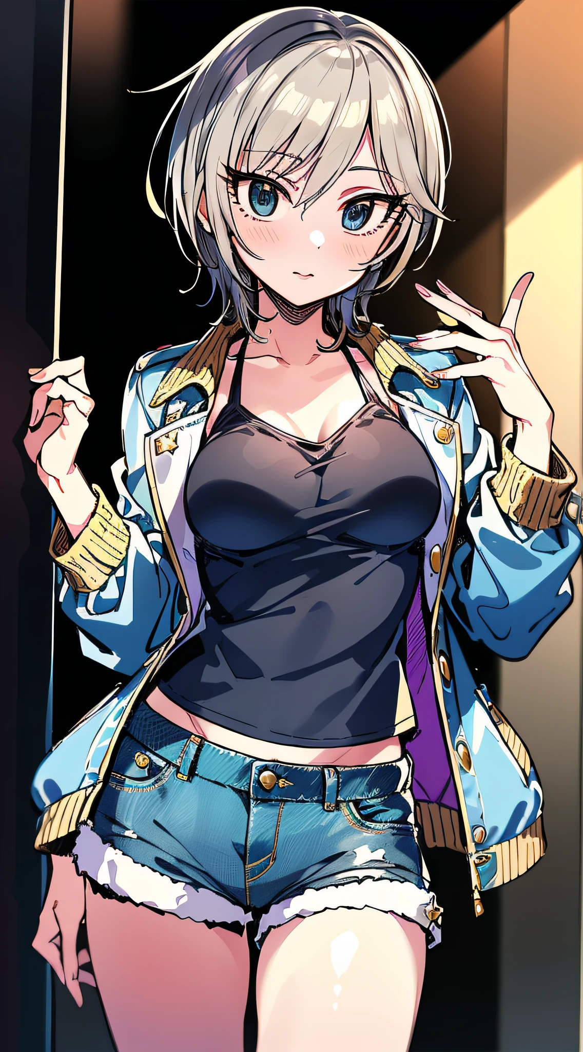 masterpiece, best quality, highres, 1girl, solo, anastasia (idolmaster), idolmaster cinderella girls, blue eyes, shorts, short hair, grey hair, jacket, looking at viewer, shirt, short shorts, cowboy shot, blush, denim jacket,