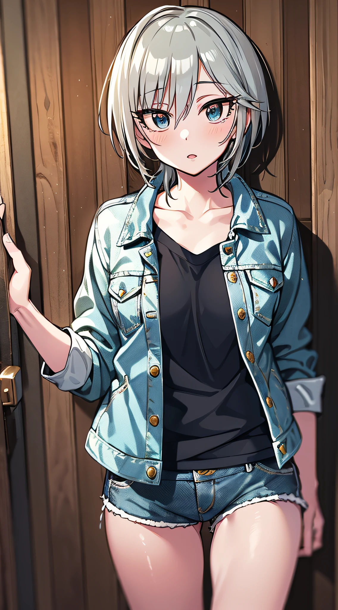 masterpiece, best quality, highres, 1girl, solo, anastasia (idolmaster), idolmaster cinderella girls, blue eyes, shorts, short hair, grey hair, jacket, looking at viewer, shirt, short shorts, cowboy shot, blush, denim jacket,