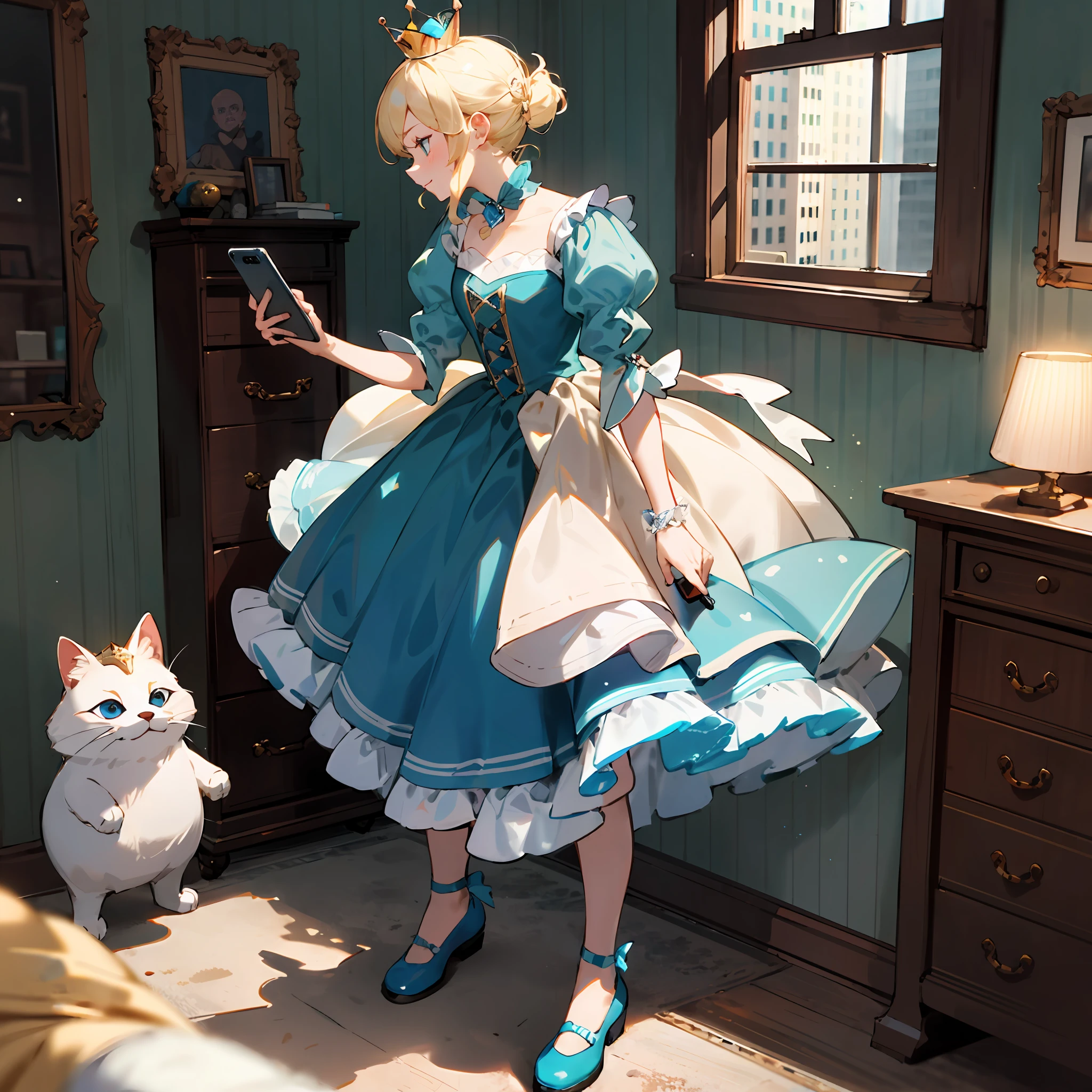 (top quality, super detail: 1.1),
Cinderella, holding a smartphone, in a ragged apartment in the city, prince 👑 standing next to her, blonde, wearing ragged clothes, glass shoes