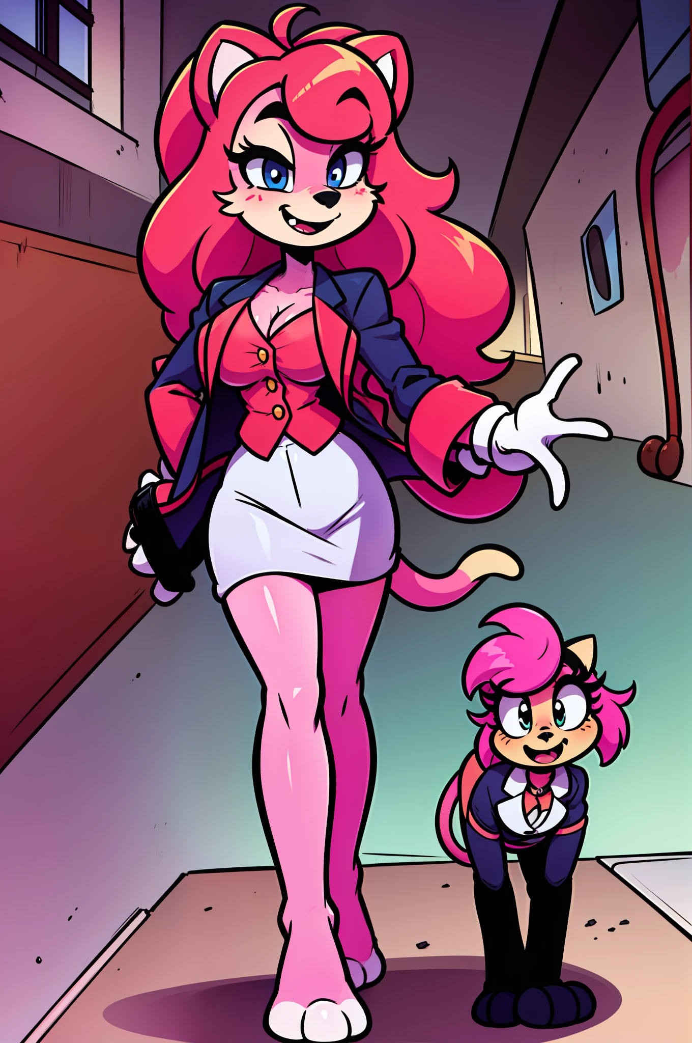 catgirl, furry, toon, cartoon, pink hair, walking,, lion tail, cat ears, animal nose, coat, vest, smile