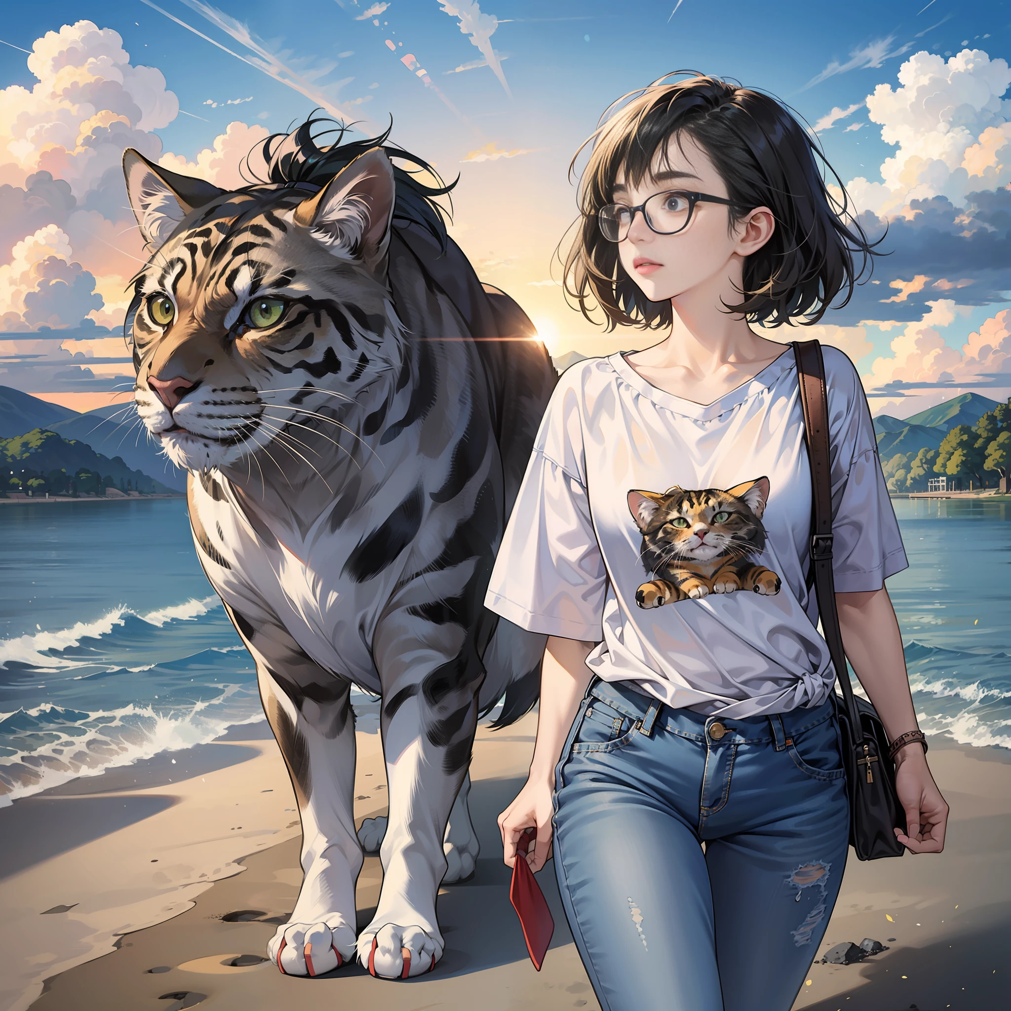 1 girl and 1 cat,{{{Walking with a giant cat}} {{{Giant cat},walking, {{{Short hair}}, clouds, overcast sky, outdoors, travel, sky, dusk, pleasant breeze, hilltop,kagawa, seto inland sea,jeans, chest, solo, bangs, {{{{disheveled hair}}}},{{{thick eyebrows},big nose,look, big t-shirt,grey, {{{{black hair tied back},black-rimmed glasses,  Full body, small,{{{Short stature}}}}, Wide shoulders,{{{Big head}}},Sun, ochre sneakers, animal, wet, blue jeans,, one hand back, , dynamic placement, dynamic angle, 8k, {{{Masterpiece}}},
