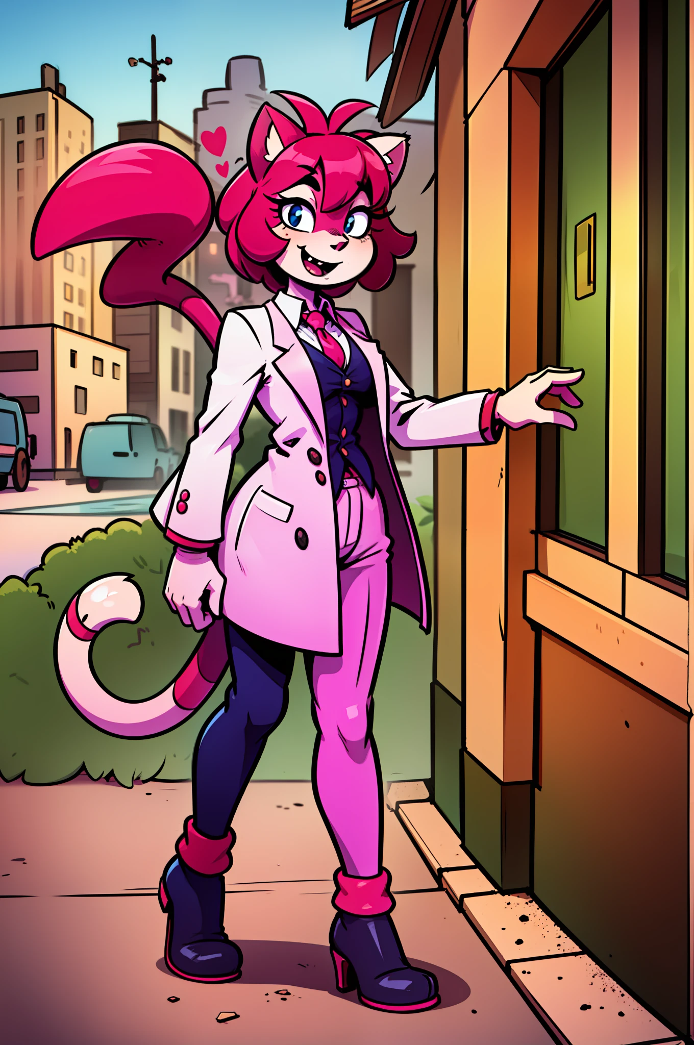 catgirl, furry, toon, cartoon, pink hair, walking,, lion tail, cat ears, animal nose, coat, vest, smile