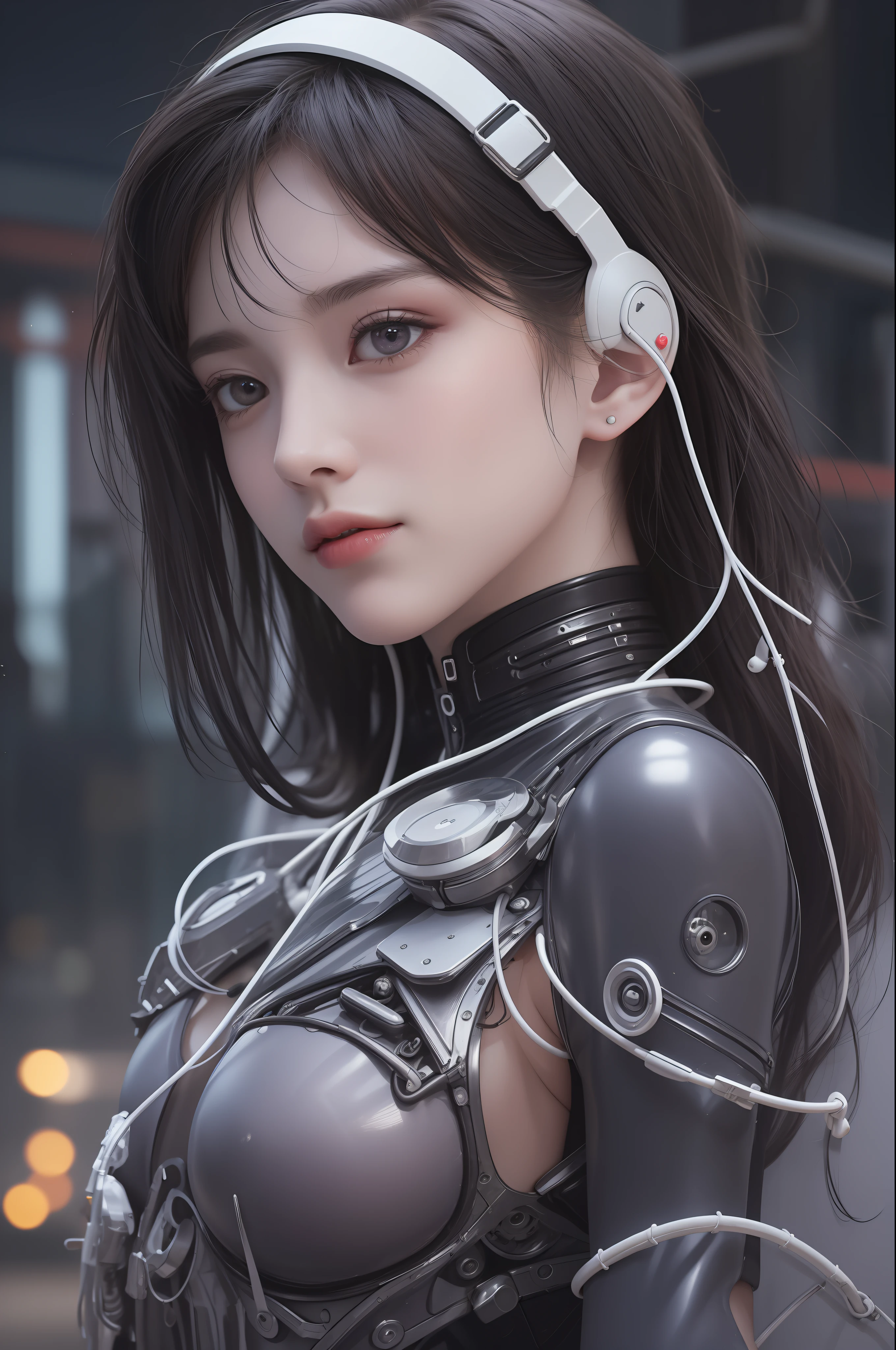 City of the Future, (Raw Photos: 1.2), (Photorealistic: 1.4)) Top quality masterpieces, very delicate and beautiful, highly detailed CG, Unity, 8k wallpapers, amazing, fine details, masterpieces, highly detailed CG Unity 8k wallpapers, absurd, incredibly absurd, cute, top quality, masterpieces, ultra high resolution, (Photorealistic: 1.4), raw photos, 1 girl, black hair, shiny skin, 1 mechanical girl, (ultra-realistic details)), portrait, global illumination, shadows, octane rendering, 8K, ultra sharp, big, cleavage exposed raw skin, metal, intricate ornament details, headset, hydraulic cylinder, very intricate details, realistic light, CGSoation trend, purple eyes, glowing eyes, facing the camera, neon details, mechanical limbs, blood vessels connected to tubes, mechanical vertebrae attached to the back, mechanical cervical attachment to the neck, wires and cables connecting to the head, evangelion, cyberpunk, small LED lamp,