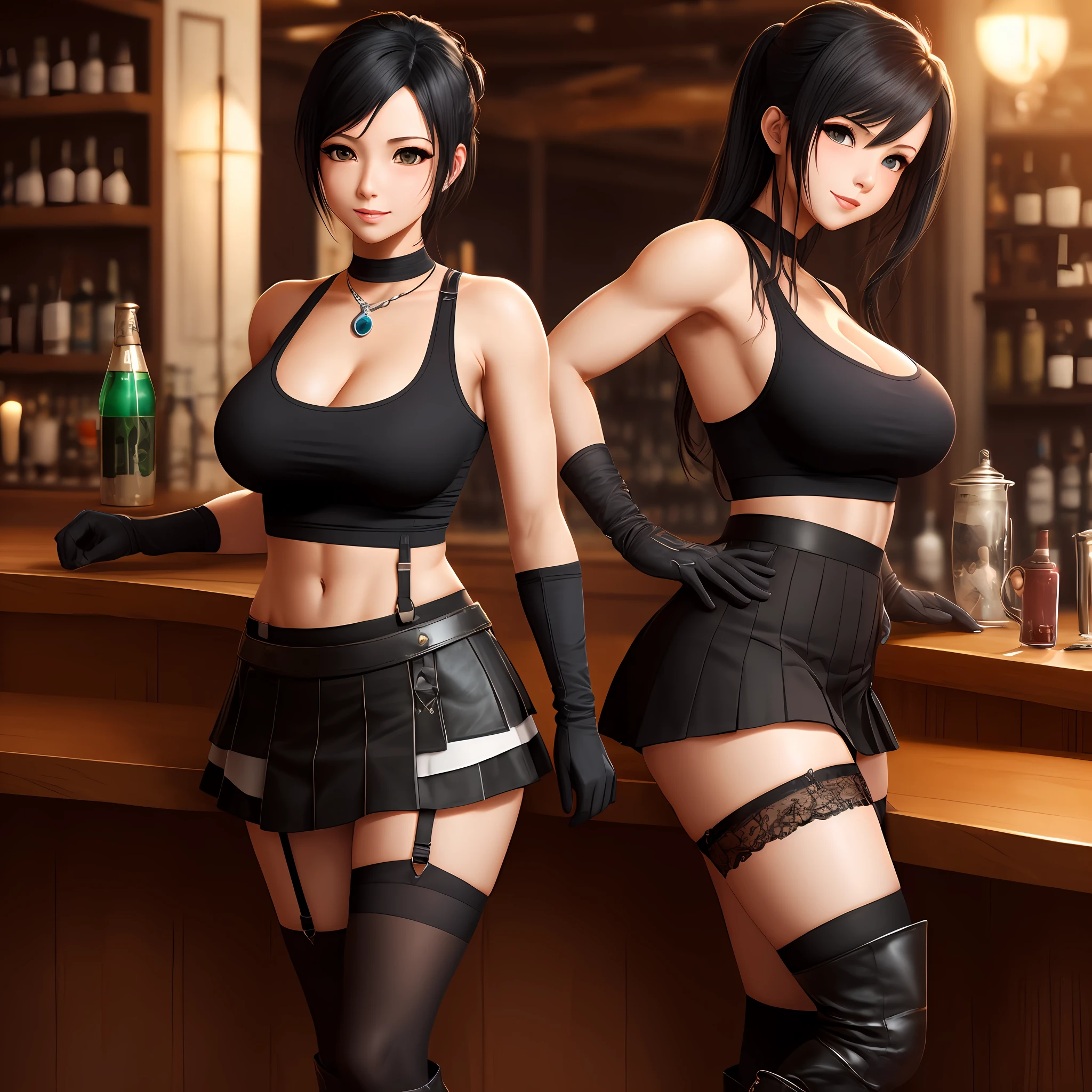 Final Fantasy VII, (nose blush), single elbow pad, ankle boots, black hair, black skirt, black thighhighs, red boots, elbow gloves, elbow pads, fingerless gloves, taut shirt, sports bra, (suspender black skirt), thighhighs, white tank top, top body is hyperrealistic thicc muscle and hyper largest_breasts!! with the type of boobs_melons, black hair, full body, look at viewer, posing standing in bar, sensual mouth, makeup, bokeh, best quality, masterpiece, highres, UHD, 1080P --auto