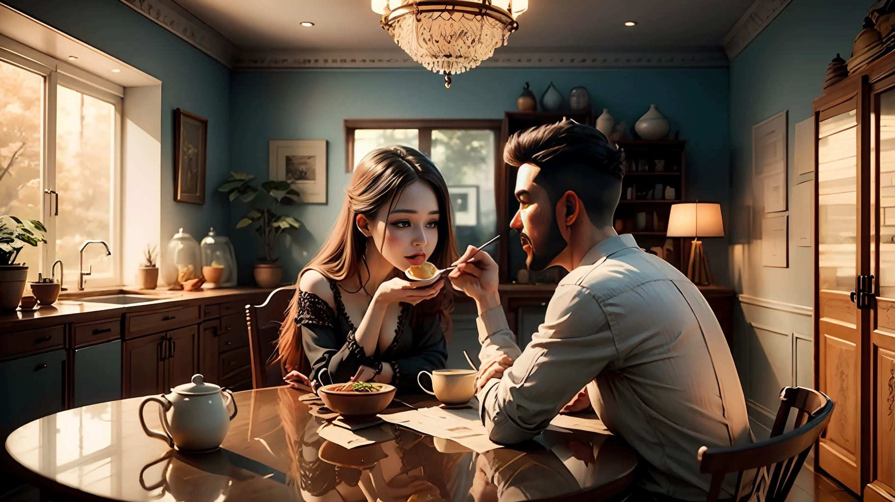 Cozy room, husband and wife sitting at the dining table, happy eating and chatting, HD, real scene, 8k --auto