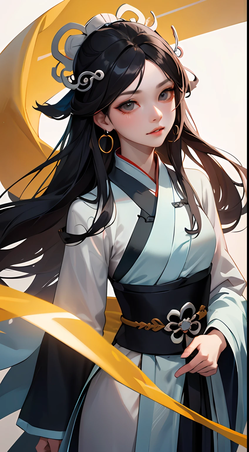 (Masterpiece, Top Quality, Best Quality), ((Wuxia World, Xiuxian, Chinese Wuxia,)), (1 Girl Solo), close-up, (Gentle eyes), (Hanfu, tulle streamer), (Hairpin, Long Black Hair), (Hanfu), Light Pink Lips, (Young), Earrings, White Skin, (Clear Facial Features, Detailed Skin Texture, Beautiful Face, Facial Highlight, Above the Waist Up), White Background, Standing, Slim Figure, 8K UHD, DSLR, Soft Light, High Quality, High Resolution, (Very detailed CG unity 8k wallpaper)