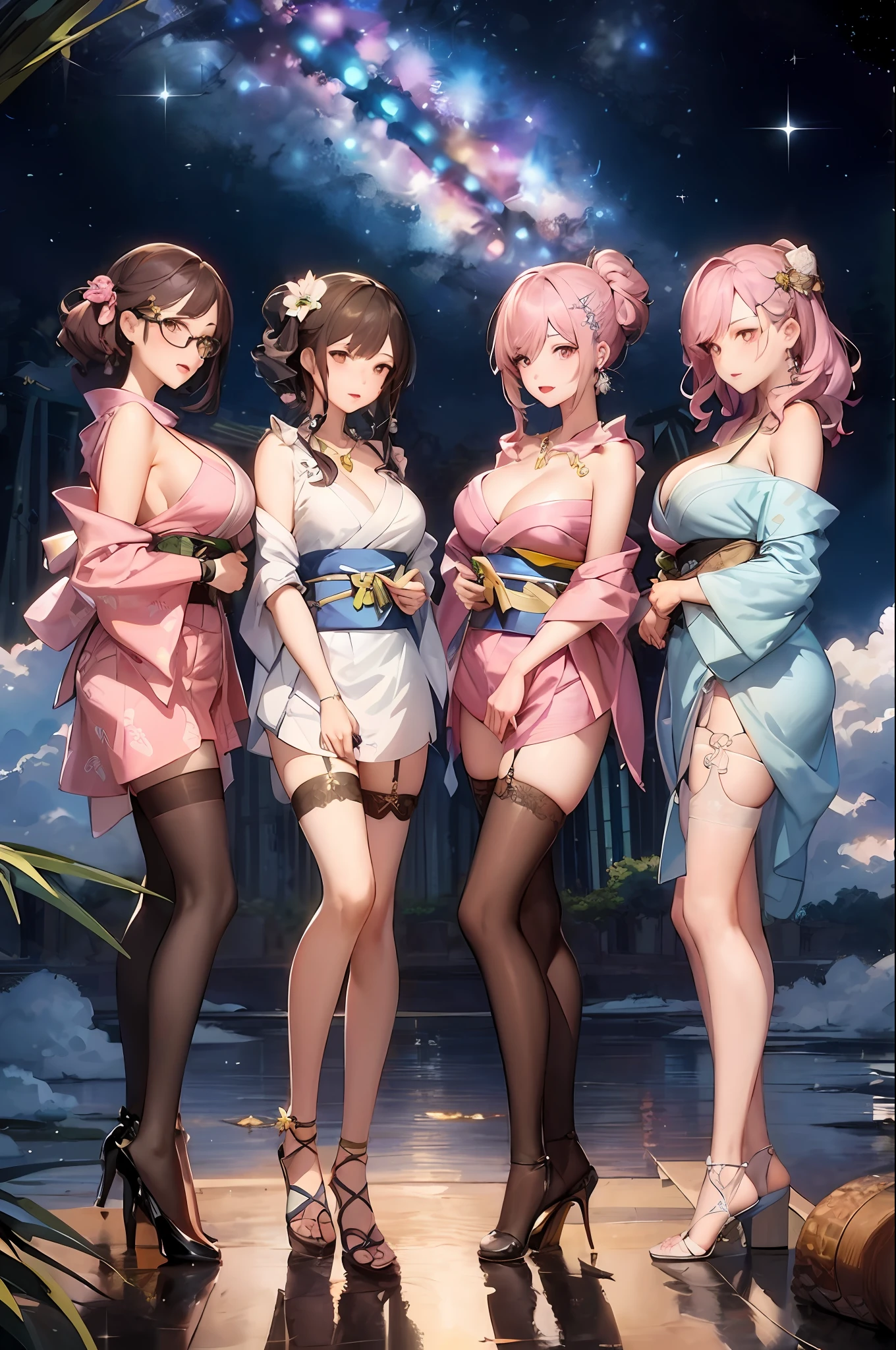 Four women in short skirts stand side by side, official artwork, Guweiz, characters from Azur Lane, Guweiz from Pixiv Art Station, Guweiz style artwork, anime cover, high-detail official artwork, Girl Frontier universe, Guweiz on ArtStation Pixiv, trends on cgstation
