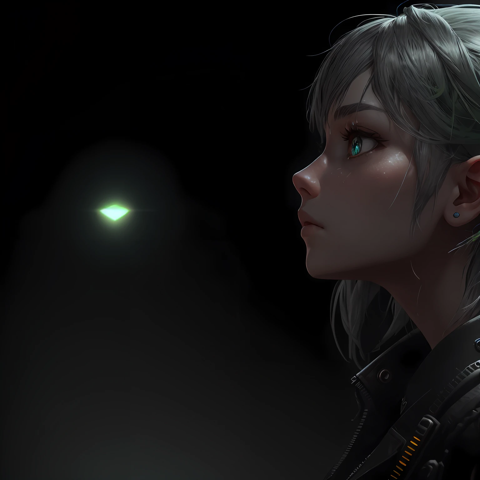 , 8K, (upper body portrait: 1.5), (((Side view: 1.2))), close-up, delicate face, (gray hair: 1.3), little girl, green pupils, backlit white hair, (black background: 1.3), pearl illusion, cyberpunk, fashion trends, 3s materials, HD, detail performance, c4d, 3D, octane rendering, ray tracing, complex details, animated lighting, OC renderer, 8k, --auto