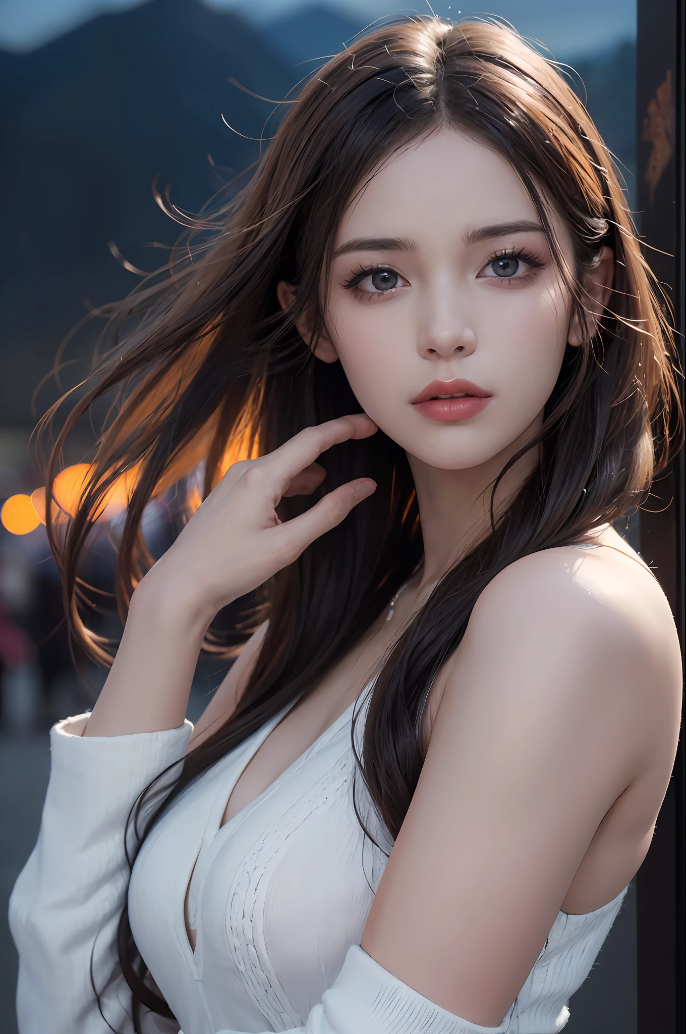 (skindentation:1.5), Realistic, Photorealistic, (masterpiece:1.5), concept art, intricate details, highly detailed, photorealistic, octane render, 8k, unreal engine, dynamic pose, best quality, highres, (realistic face:1.1), (hyperrealistic:1.1), ((full_body)), perfect eyes,(shiny skin:1.2), (((hairstyle))), (((perfect hands))), (extremely detailed background), ((dynamic background)), (light rays), ((detailed eyes, high quality eyes, high quality face)), (((flowing hairstyle))), epic, depth of field, bokeh, 4k, gothic, mountain background, lightning, glowing blue iris, at night,