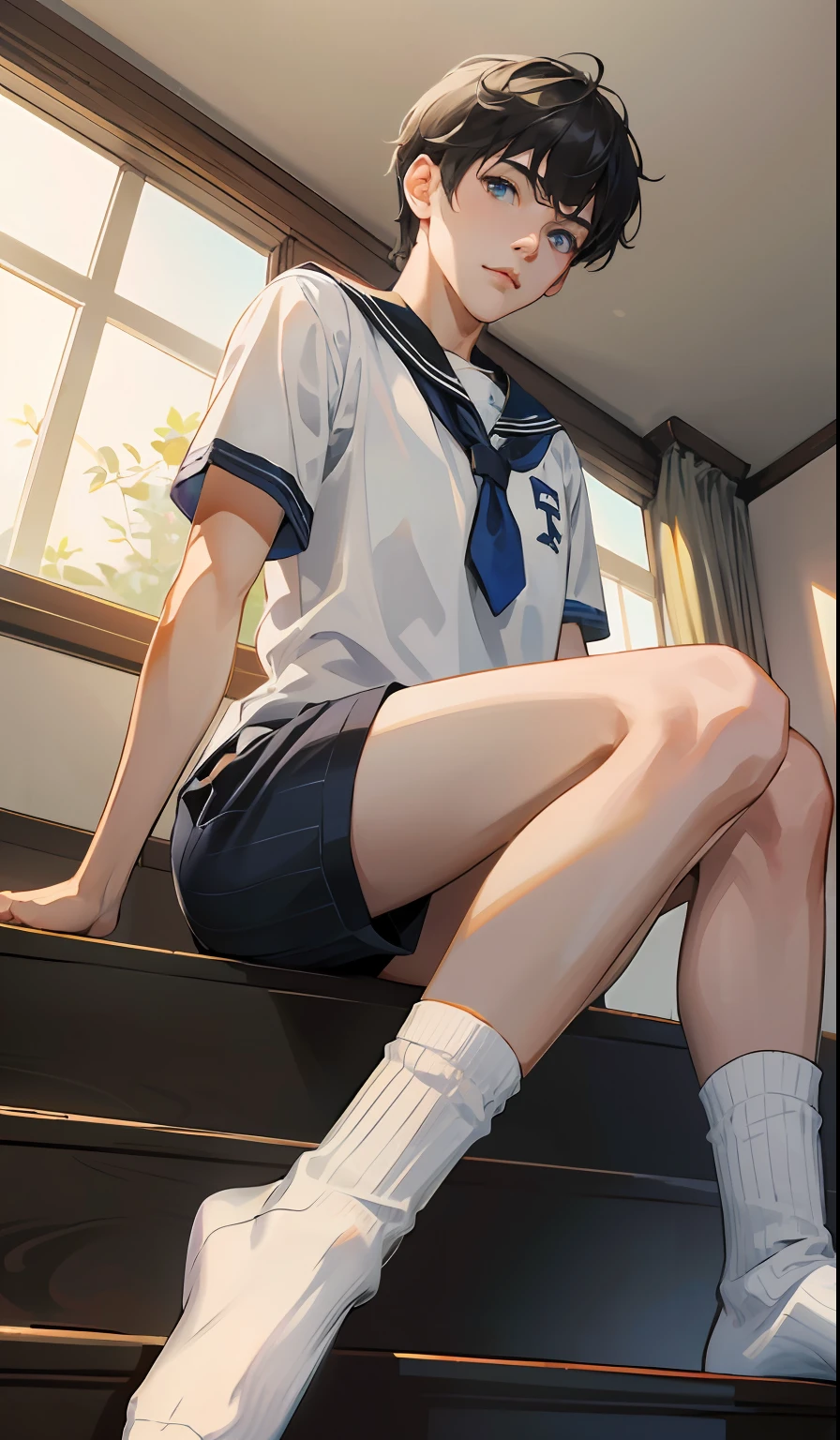 (absurdres, highres, ultra detailed),((masterpiece)), ((best quality:1.1)), High Resolution, 8k,1boy, (crotch bulge:1.1), shaded face, (white crew socks:1.1), (white ribbed socks:1.2), no-show socks, invisible socks, toes under socks, shorts,seamless socks, (puffy, (from below:1.1),game cg,
blue eyes, looking at viewer, short hair, facial, hand on knee, athlete,
seat on school staircase steps,anime style, indoors,