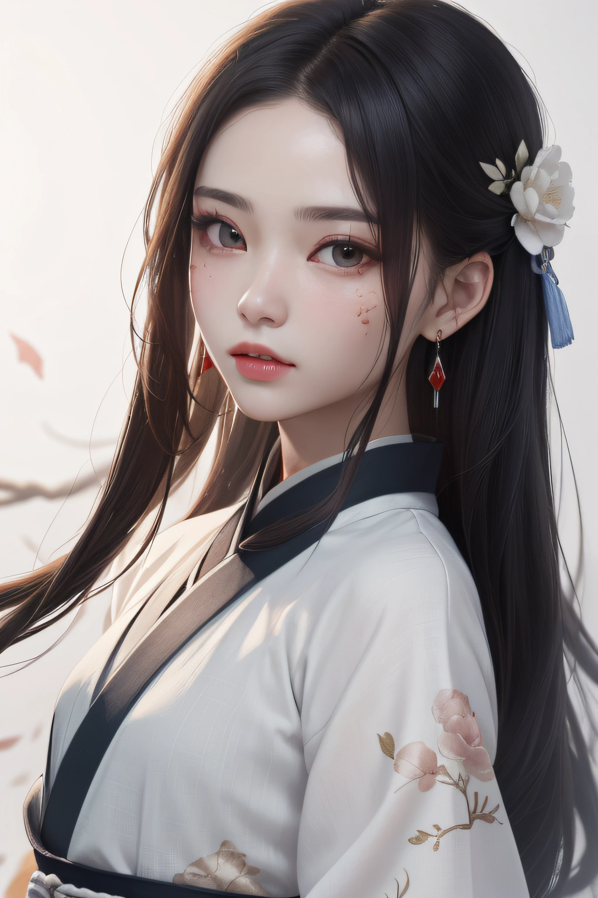 Realism, (Masterpiece, Top Quality, Best Quality), ((Wuxia World, Xiuxian, Chinese Wuxia,)), (1 Girl Solo), (Gentle Eyes), (Hanfu, Tulle Streamer), (Hairpin, Long Black Hair), (Hanfu), Light Pink Lips, (Young), Earrings, White Skin, (Clear Facial Features, Detailed Skin Texture, Beautiful Face, Facial Highlight, Waist Up), White Background, Standing, Slim Figure, 8K UHD, DSLR, Soft Light, High Quality, High Resolution, (Very detailed CG unity 8k wallpaper)