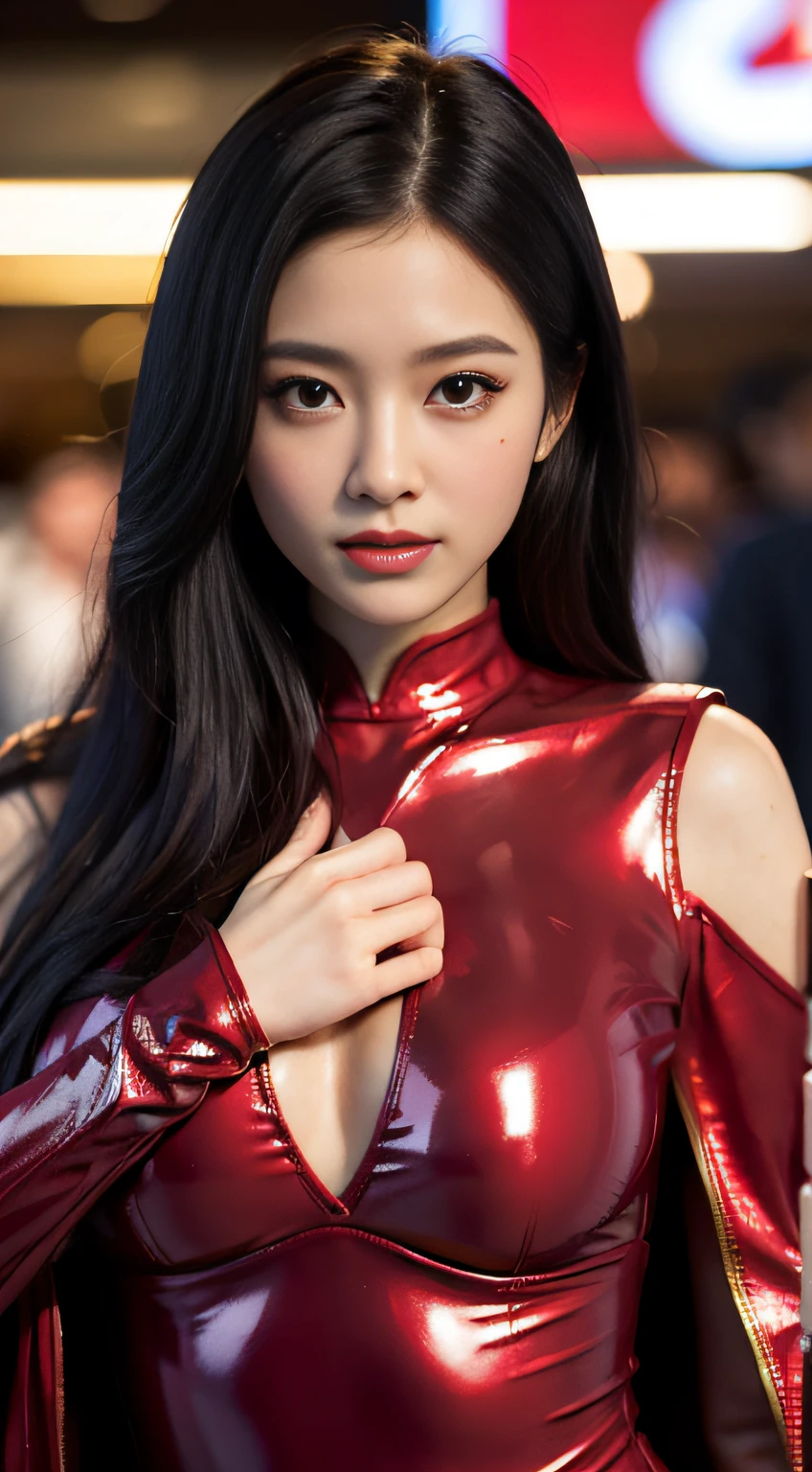 8k resolution, exquisite facial features, perfect face, superman, superhero, star symbol on the chest, cloak on the back, lines on the forehead, a female figure, a beautiful lady, shiny skin, high detail, higher quality, Bishōjo, long golden hair, tight leather clothes, (latex bodysuit), (big breakthroughs)), gym, delicate face, {{illustration}}, {extremely delicate and beautiful}, {exquisite makeup}, {{Girls in red Skin-tight garment}}, super meticulous, (black and red stripes on the clothes), delicate and luminous eyes, red leather clothes, tights, {{movie light}}, street, extreme light effect