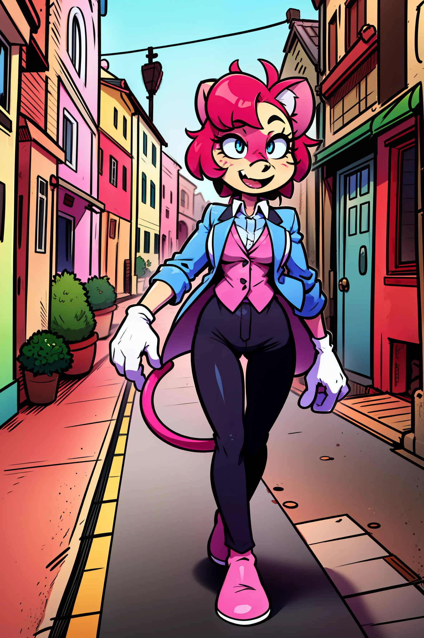 catgirl, furry, toon, cartoon, pink hair, walking,, lion tail, cat ears, animal nose, coat, vest, smile