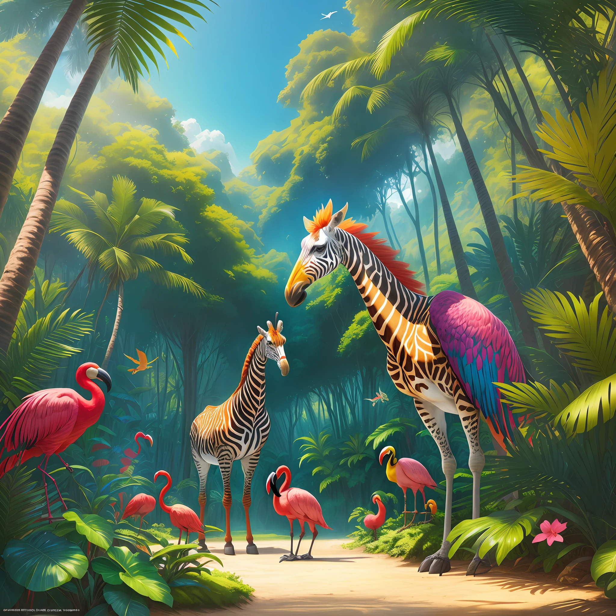 colorful paradise, jungle with colorful birds, zebras, giraffes, flamingos, toucans, macaws, tropical forest, rich in detail, 3d rendering, best quality, national geographic, award-winning photography, cinematic, cinema light, cinema quality, masterpiece, super detailed, hyper realism, by hildebrandt, stylize, fantasy, concept art, ((make-believe)), imaginary, supernatural, fantastic, unreal, dreamed, illusion, high quality, high, palms, colorful, hyper realism