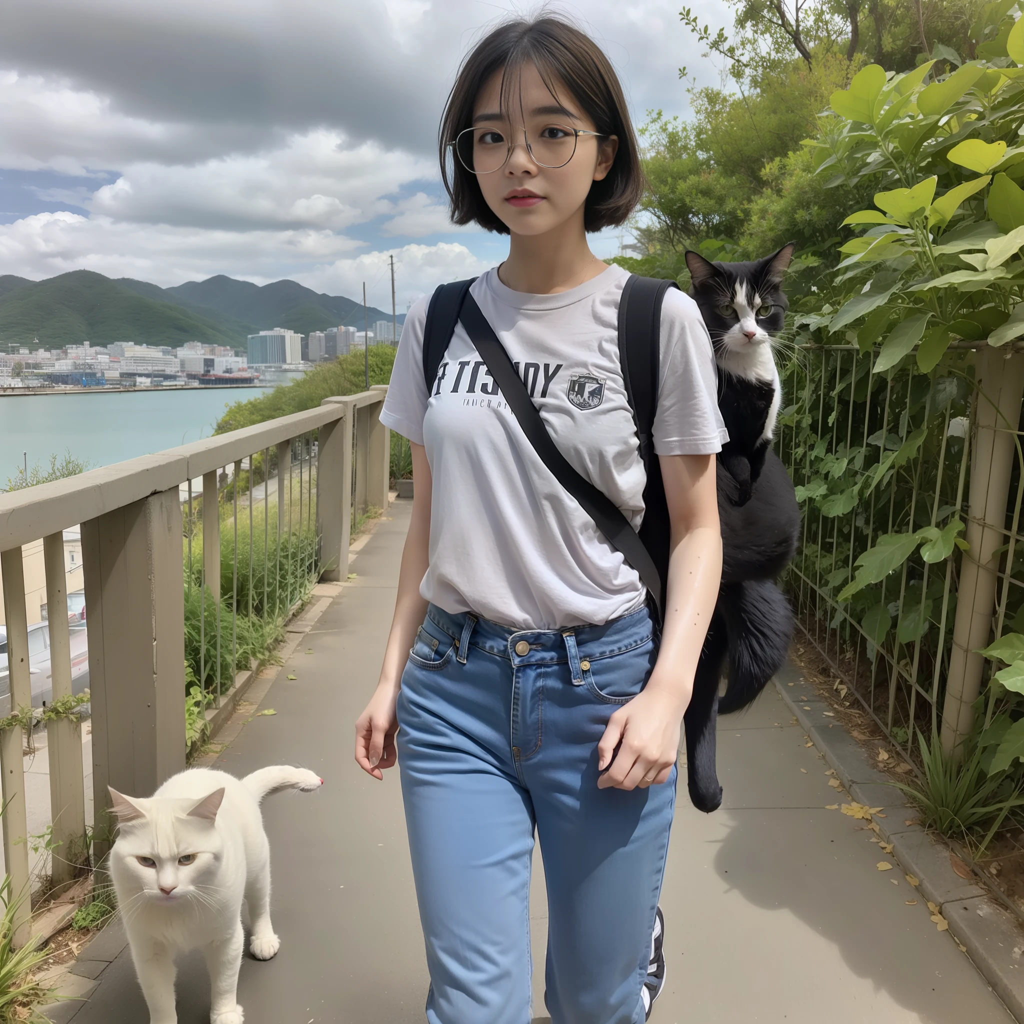 1 girl and 1 cat,{{{Walking with a giant cat} ,flying cat,walking,rucksack, {{{{short hair}}}}, clouds, overcast sky, outdoors, travel, sky, dusk, pleasant breeze,hilltop,kagawa,seto inland sea,Japan house,edo period,jeans, chest, solo, bangs, {{{disheveled hair}}}},{{{thick eyebrows}}},big nose,look, big t-shirt,grey, {{{ Black hair tied back},black-rimmed glasses, full body, small,{{{short stature}}}}, broad shoulders,{{{big head}}},sun, ochre sneakers, animal, wet, blue jeans,, one hand behind, , dynamic placement, dynamic angle, 8k, {{{Masterpiece}}},