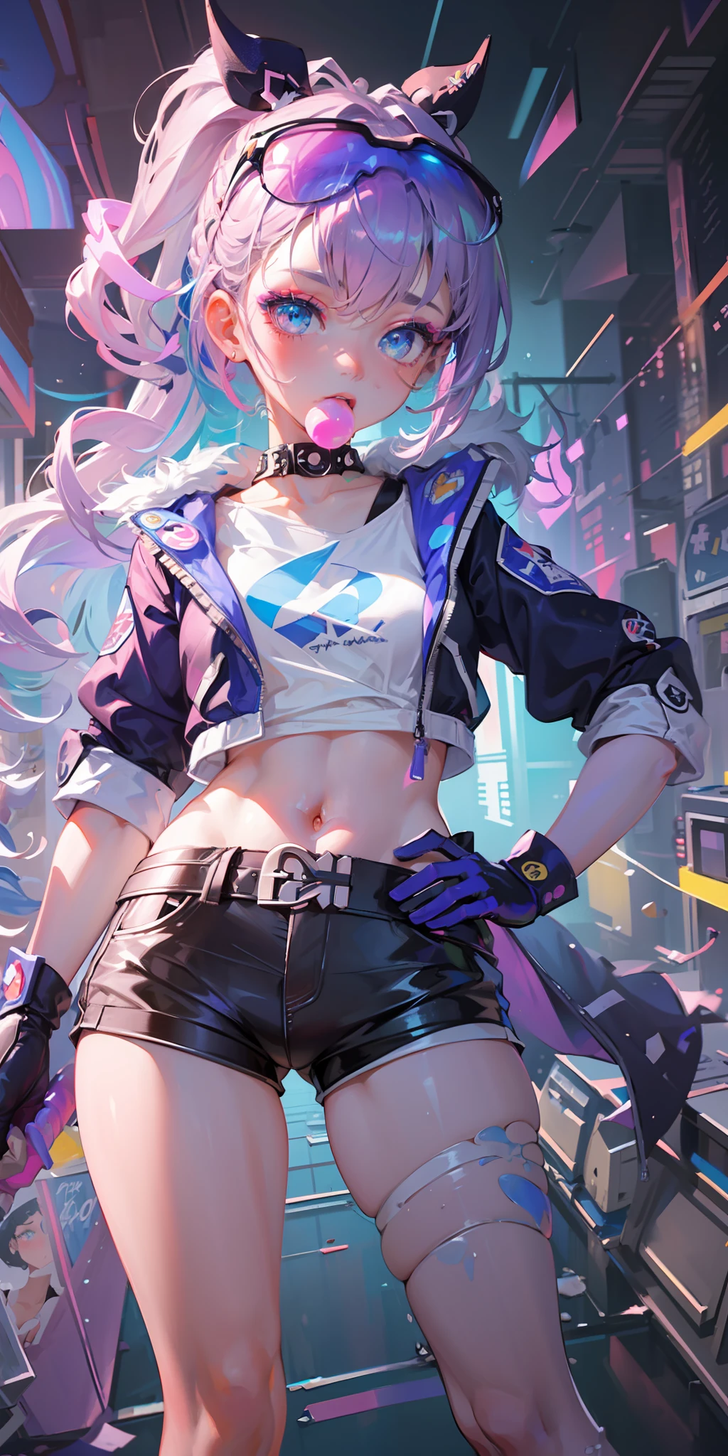 full body, 1girl, loli, solo, Eye focus,Masterfully crafted Glow, pink lens flare, Cinematic background,colourful, hyper details, hdr, ultra detailed eyes, mature, plump, rainbow painting drops,(supermodel:1.3), made up from paint, entirely paint, splat, splash, indoors, (bioluminescent hair:1.1),(glowing eyes), ((makeup)), fierce, powerful, splashes of colour absolutely eye-catching, dynamic angle, beautiful detailed glow, ambient occlusion, ambient light, raytraced reflections, retro style, living arcade characters, arcade style world, gloves, jacket,weapon, shorts, black gloves, black jacket, gun, drill hair, black shorts, eyewear on head, bubble blowing, chewing gum, (Cute face:1.3), --s2