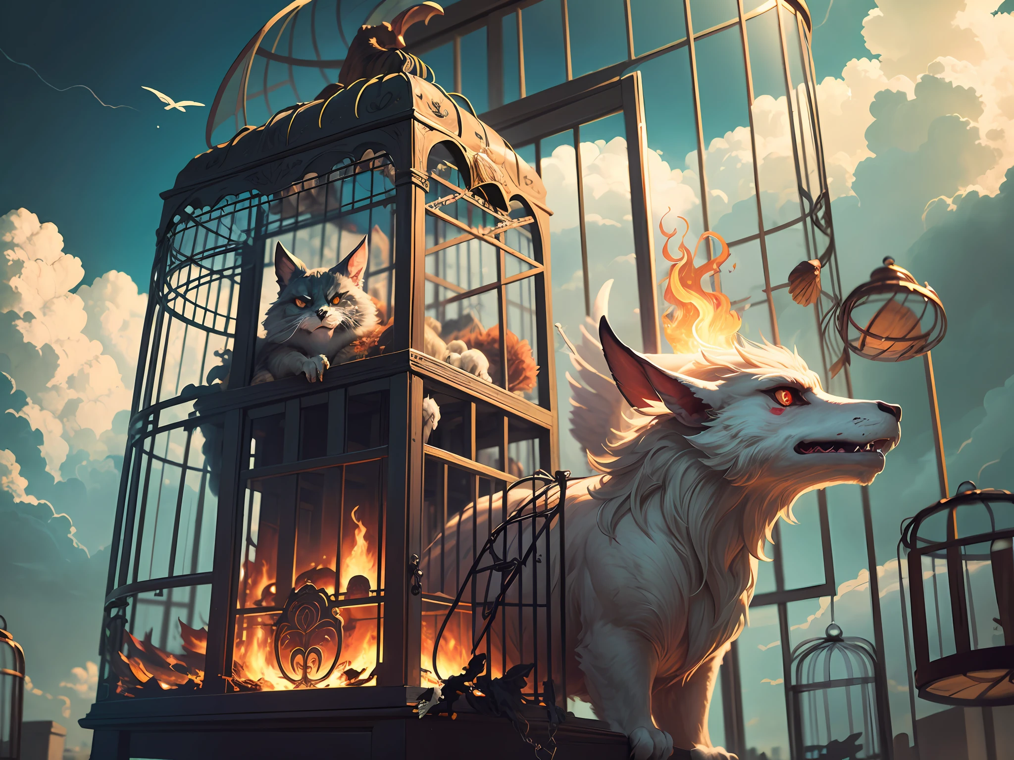 Mythical beasts come out of their cages and fly in the sky, (broken cage:1.5),clouds, lightning, flames, tornadoes, a lot of details