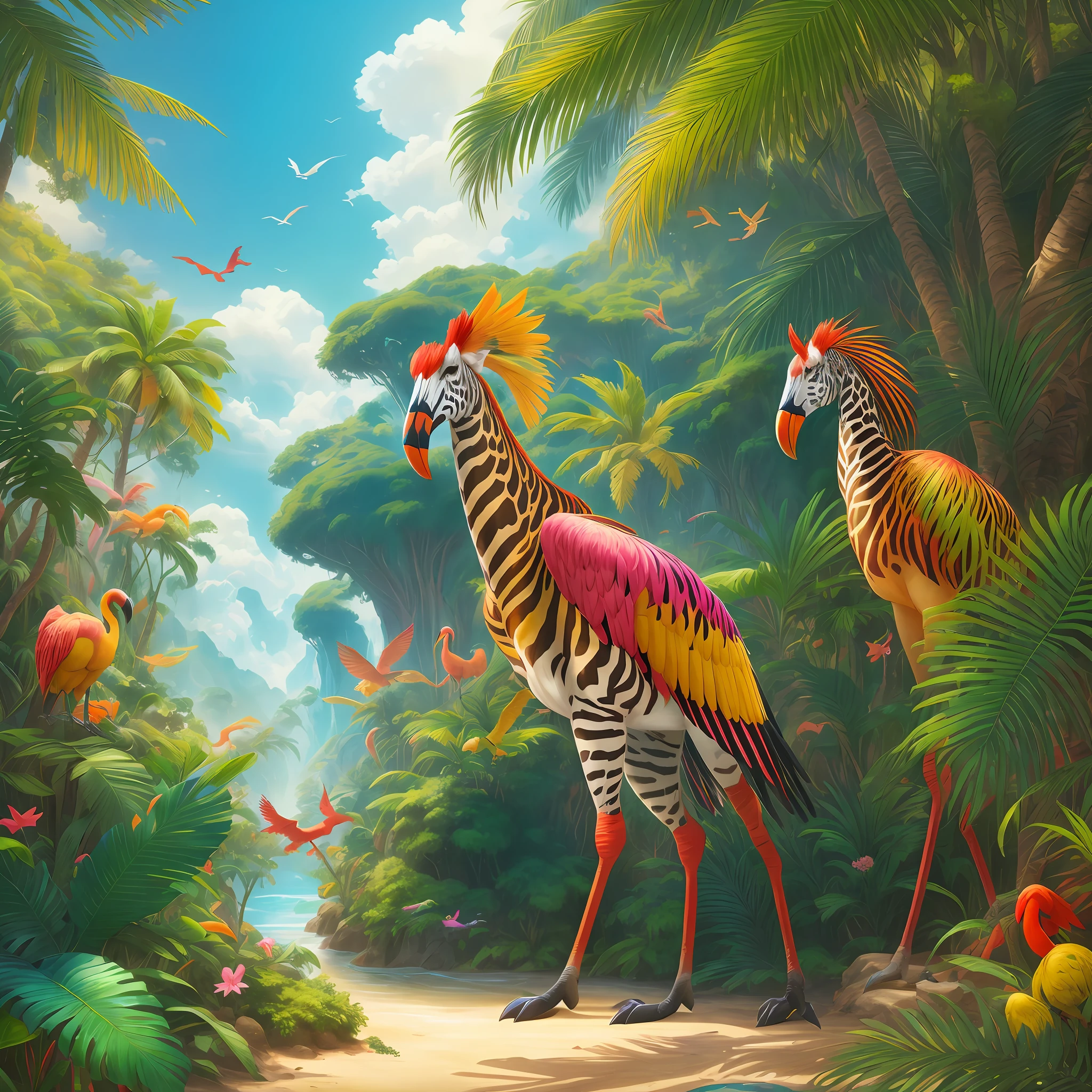 colorful paradise, jungle with colorful birds, zebras, giraffes, flamingos, toucans, macaws, tropical forest, rich in detail, 3d rendering, best quality, national geographic, award-winning photography, cinematic, cinema light, cinema quality, masterpiece, super detailed, hyper realism, by hildebrandt, stylize, fantasy, concept art, ((make-believe)), imaginary, supernatural, fantastic, unreal, dreamed, illusion, high quality, high, palms, colorful, hyper realism